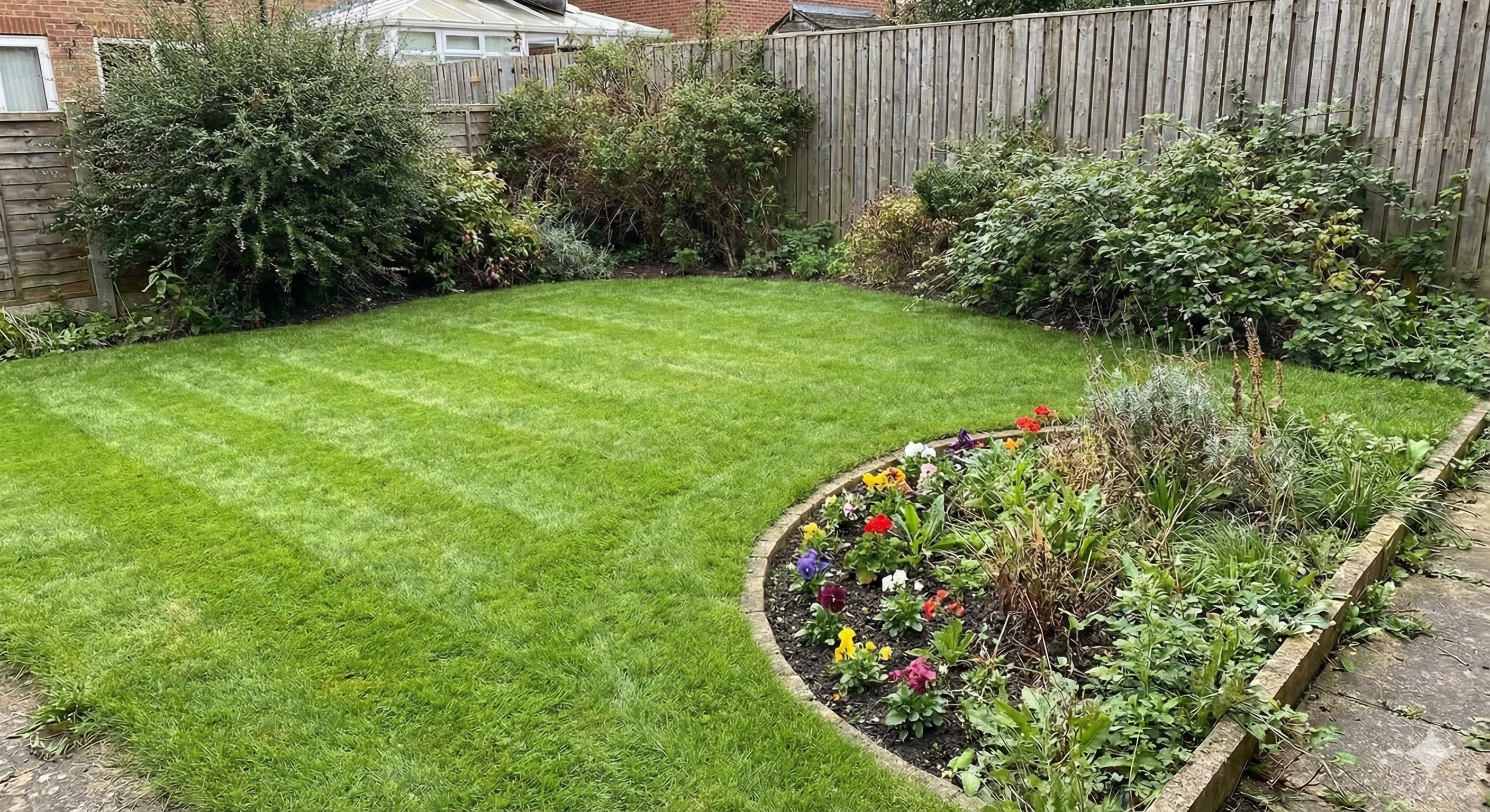 The same yard, now beautifully manicured after professional landscaping.