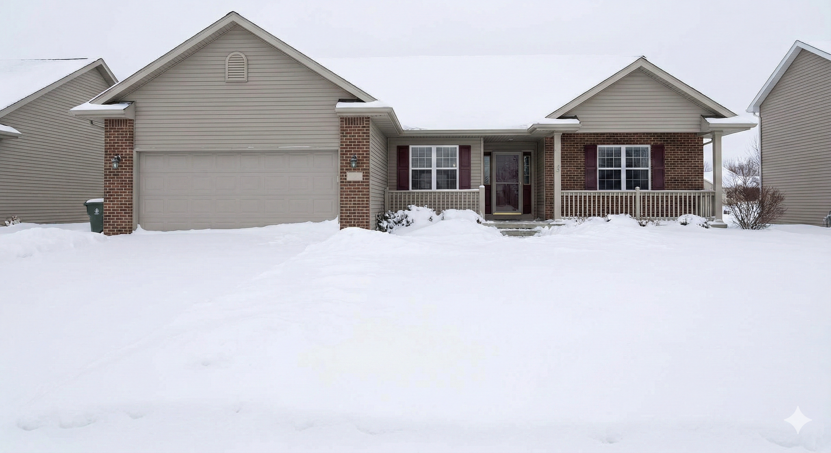 A residential driveway covered in heavy snow before clearing.