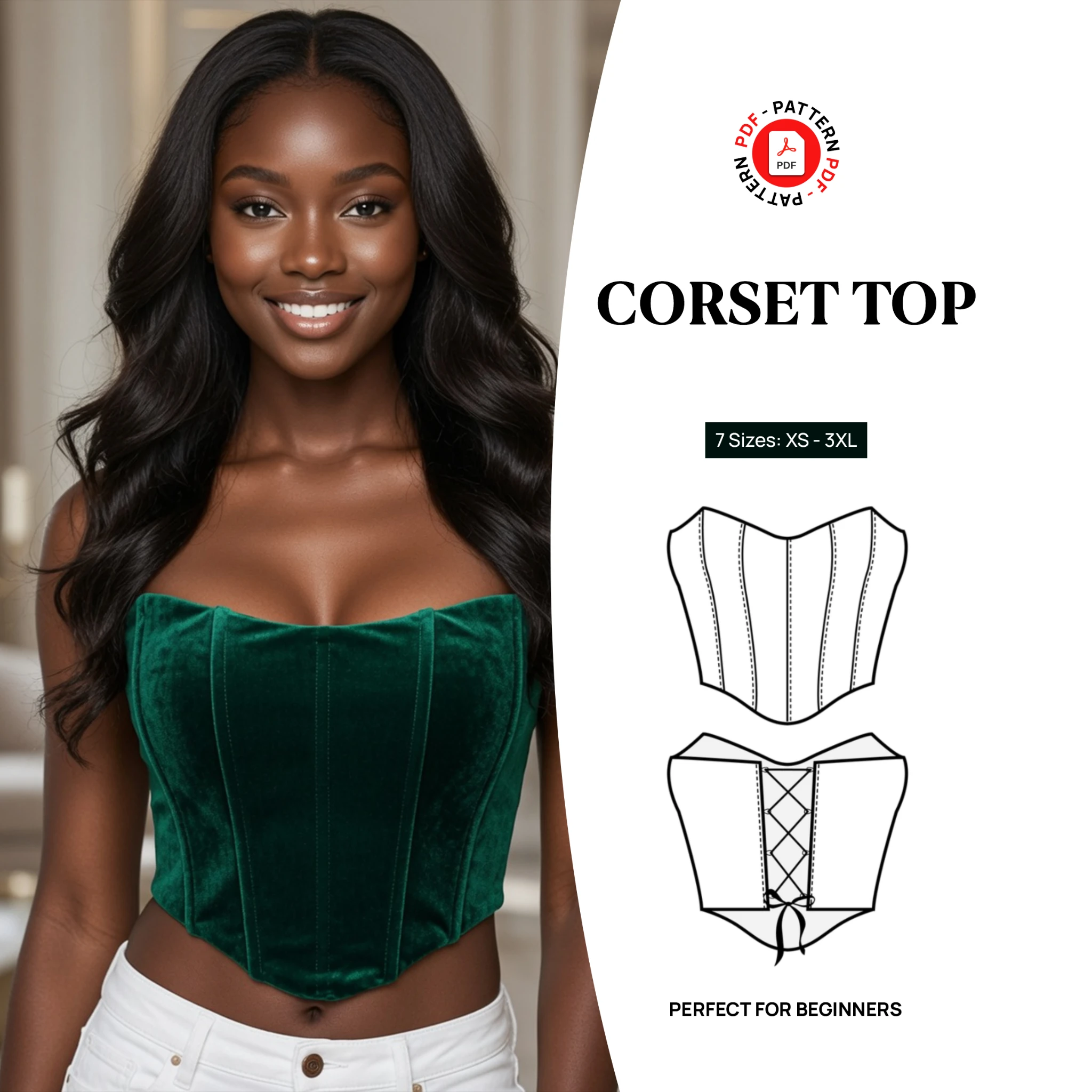 Strapless Corset Top Sewing Pattern PDF | Lace-Up Back Bustier Crop Top Digital Pattern | Beginner Friendly Sizes XS-3XL