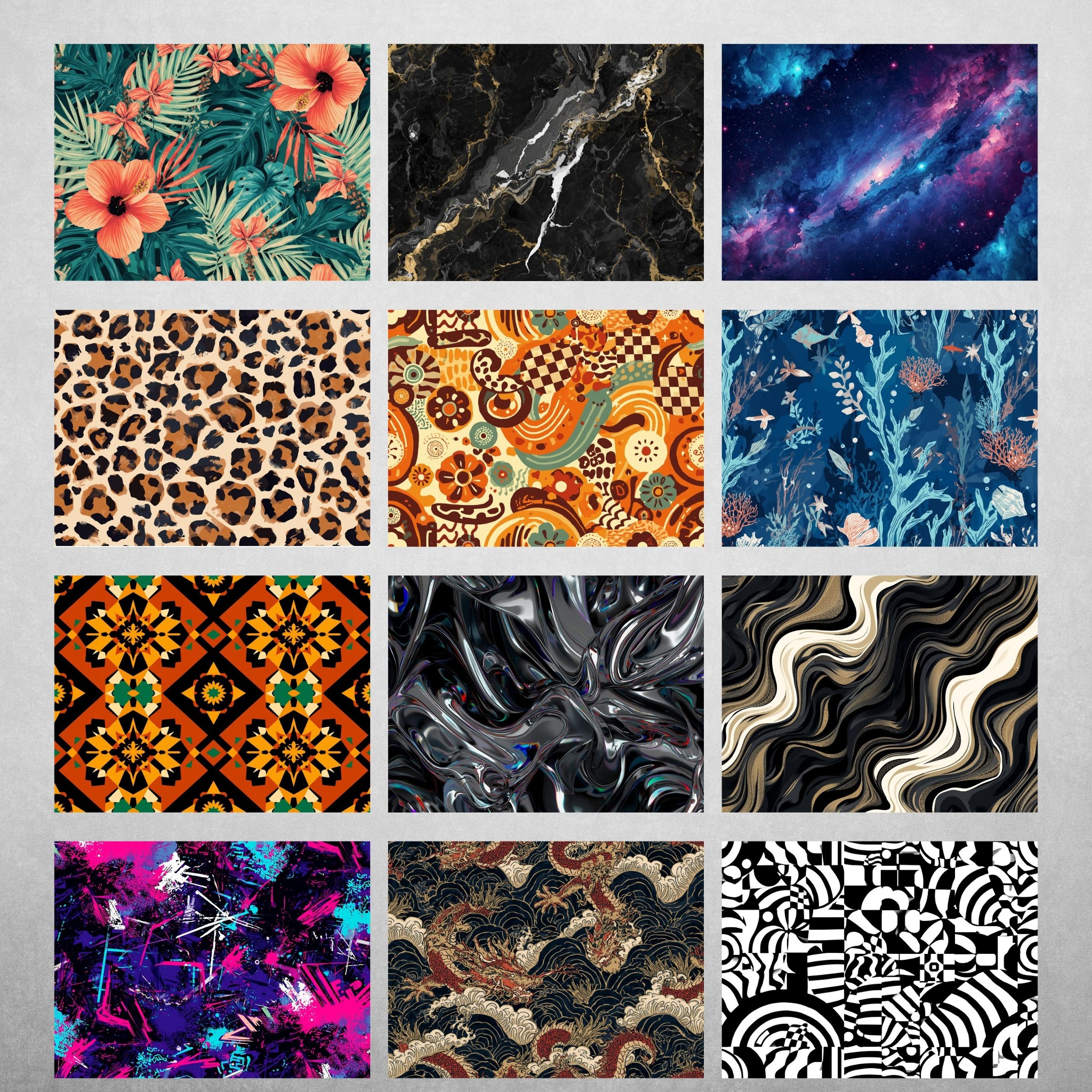 12 Seamless Pattern PNG Bundle, All Over Print T-Shirt Designs, Tropical Cosmic Marble Animal Graphic Sublimation Textile Backgrounds image 1