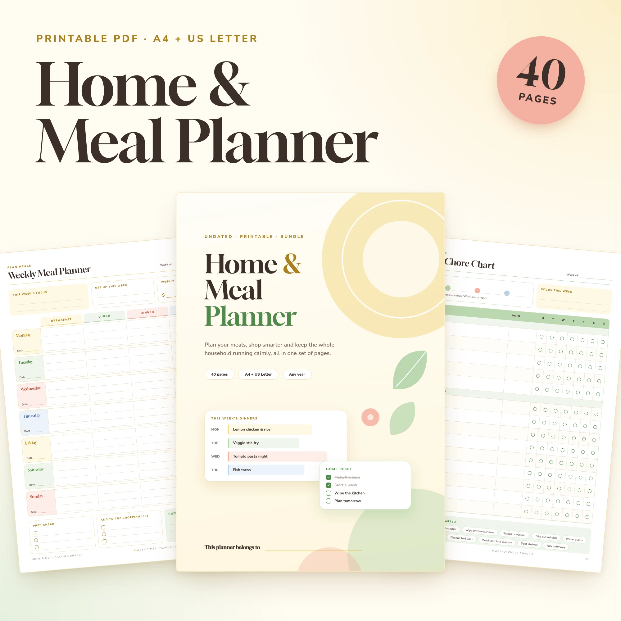 Home & Meal Planner Bundle – 40-Page Printable PDF (A4 & US Letter)