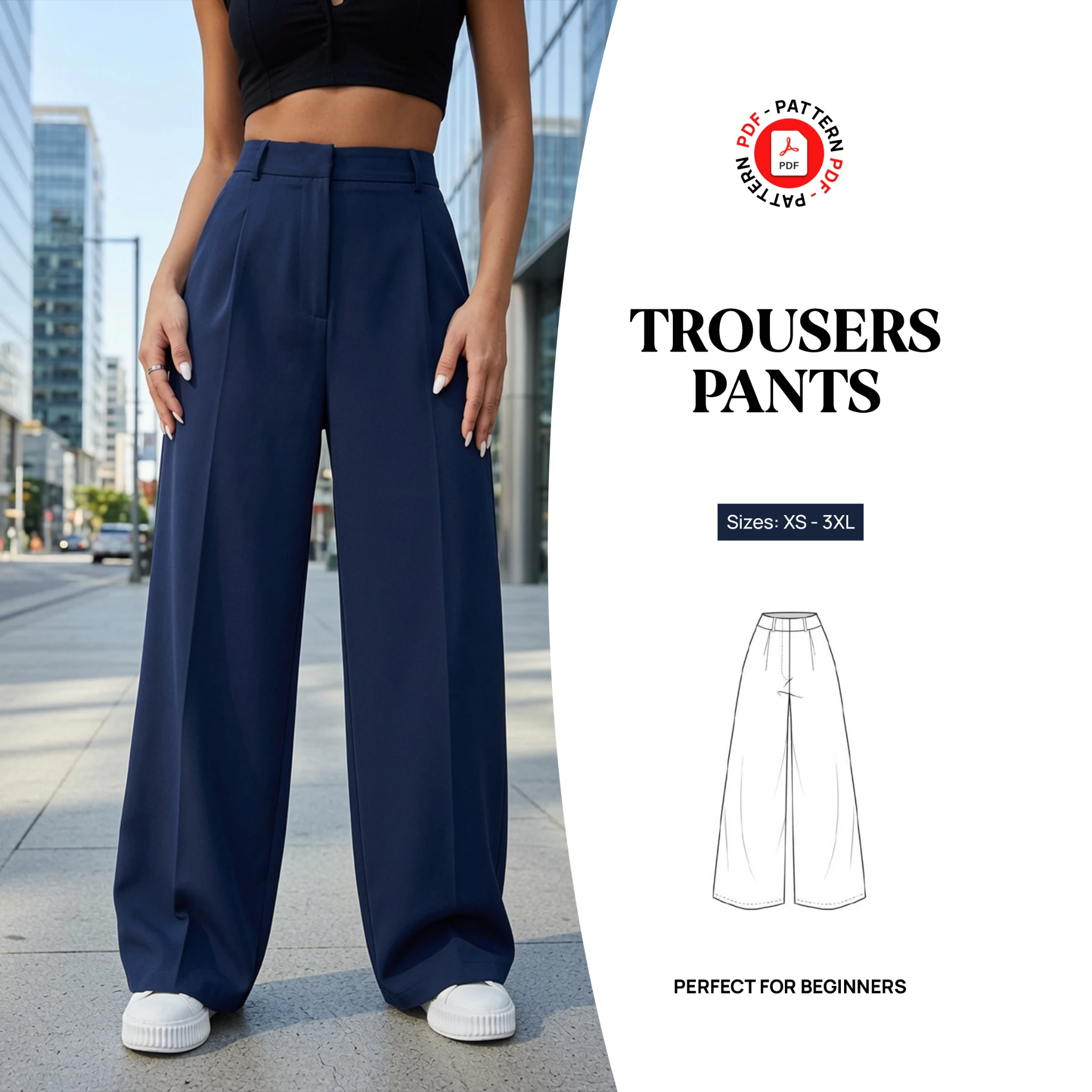 High Waisted Wide Leg Trousers Sewing Pattern PDF | Wide Leg Pants Digital Pattern | Beginner Friendly Sizes XS-3XL