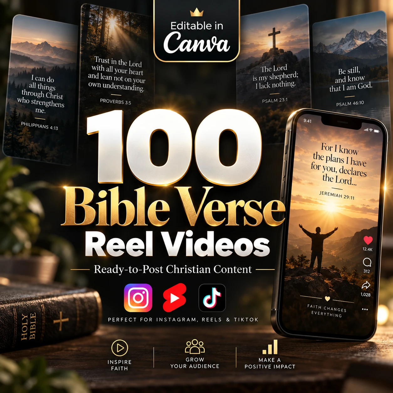 100 Bible Verse Reel Videos | Canva Editable Christian Content | PLR License | Resell Rights