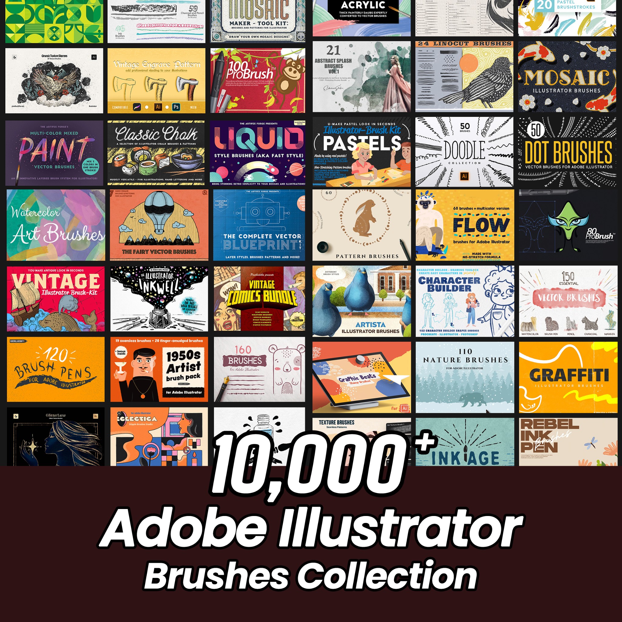 10,000+ Adobe Illustrator Brushes Collection | Premium Vector Brush Mega Bundle | Vintage, Texture, Paint & Watercolor Brushes