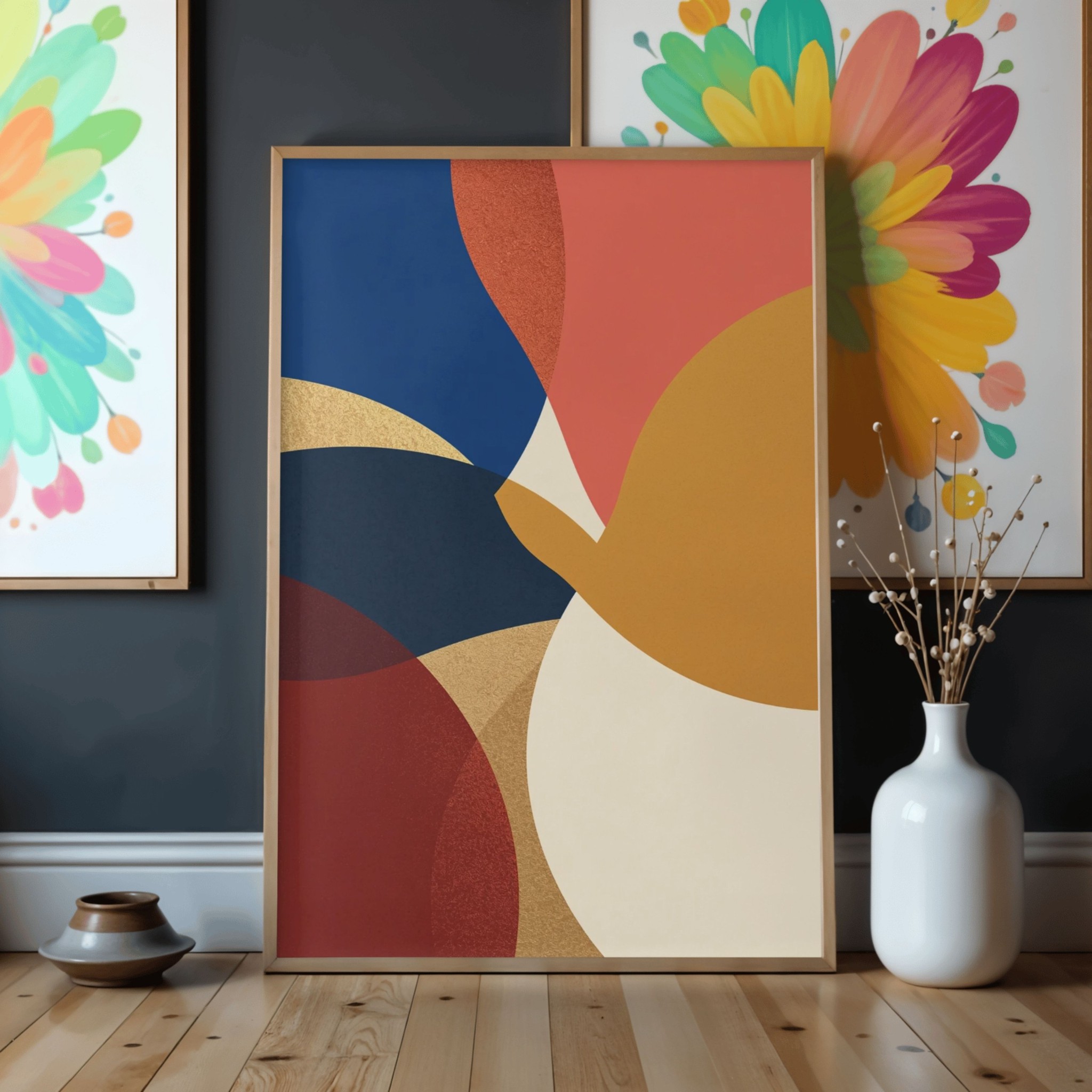 Mid Century Abstract Wall Art, Printable Geometric Shapes Print, Digital Download Modern Art Poster, Terracotta Navy Gold Decor