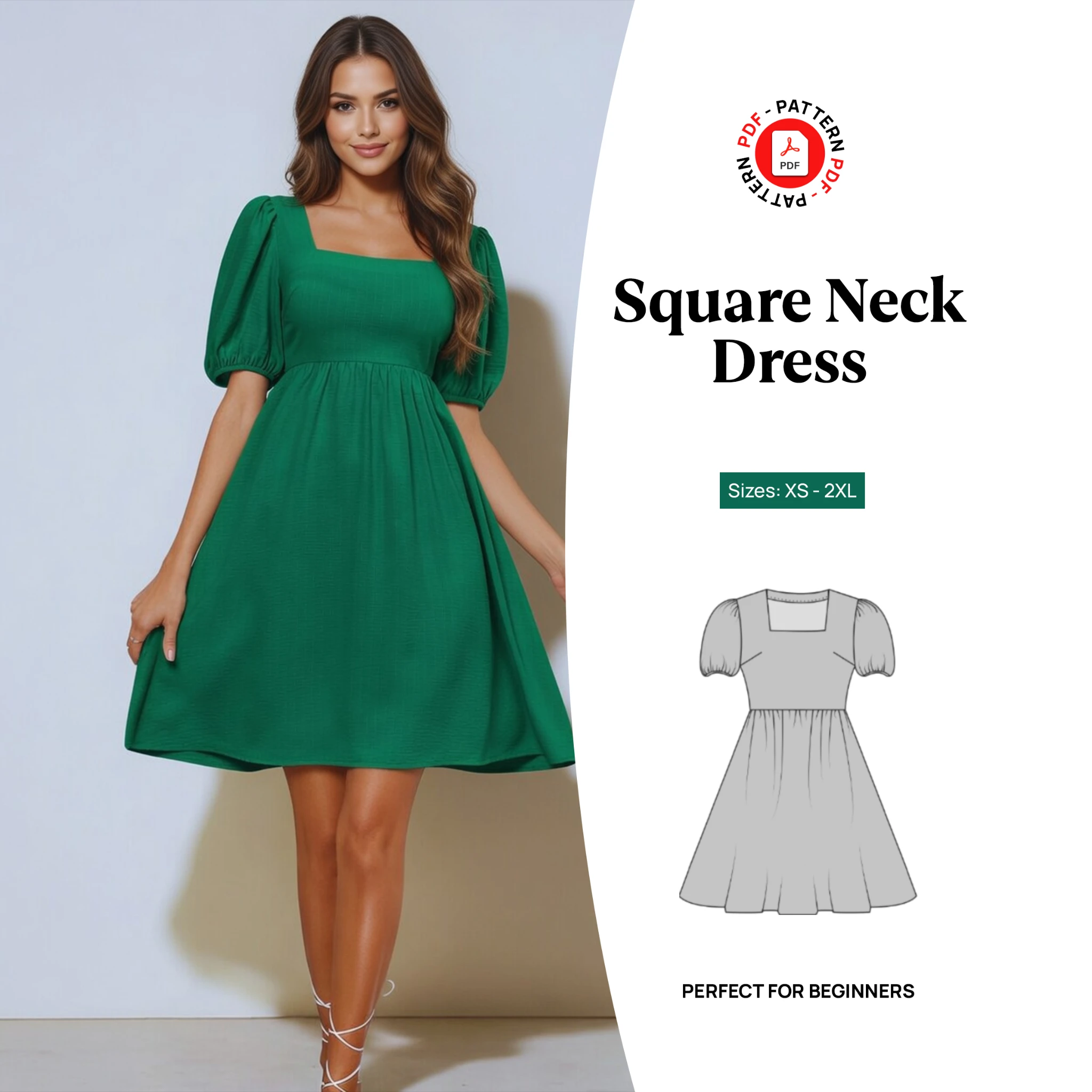 Square Neck Dress Sewing Pattern PDF | Puff Sleeve Mini Dress Digital Pattern | Beginner Friendly Sizes XS-2XL
