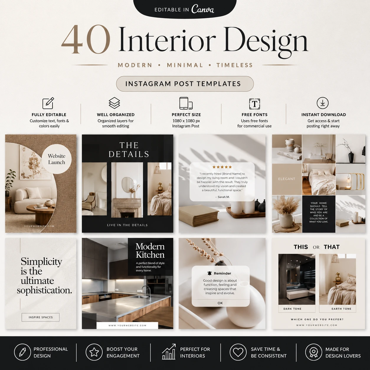 40 Interior Design Instagram Post Templates | Modern Minimal Canva Square Feed Pack for Decorators & Architects