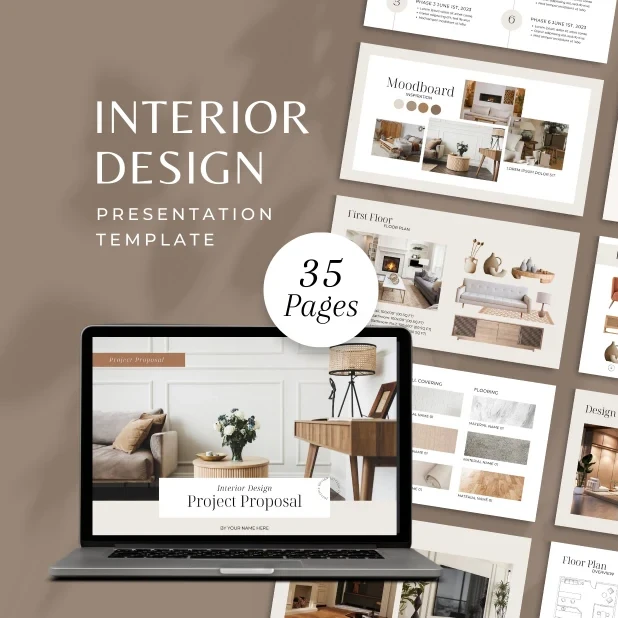 35 Page Interior Design Presentation & Project Proposal Template | Canva Editable Client Pitch Deck in 16:9 & A4 Sizes