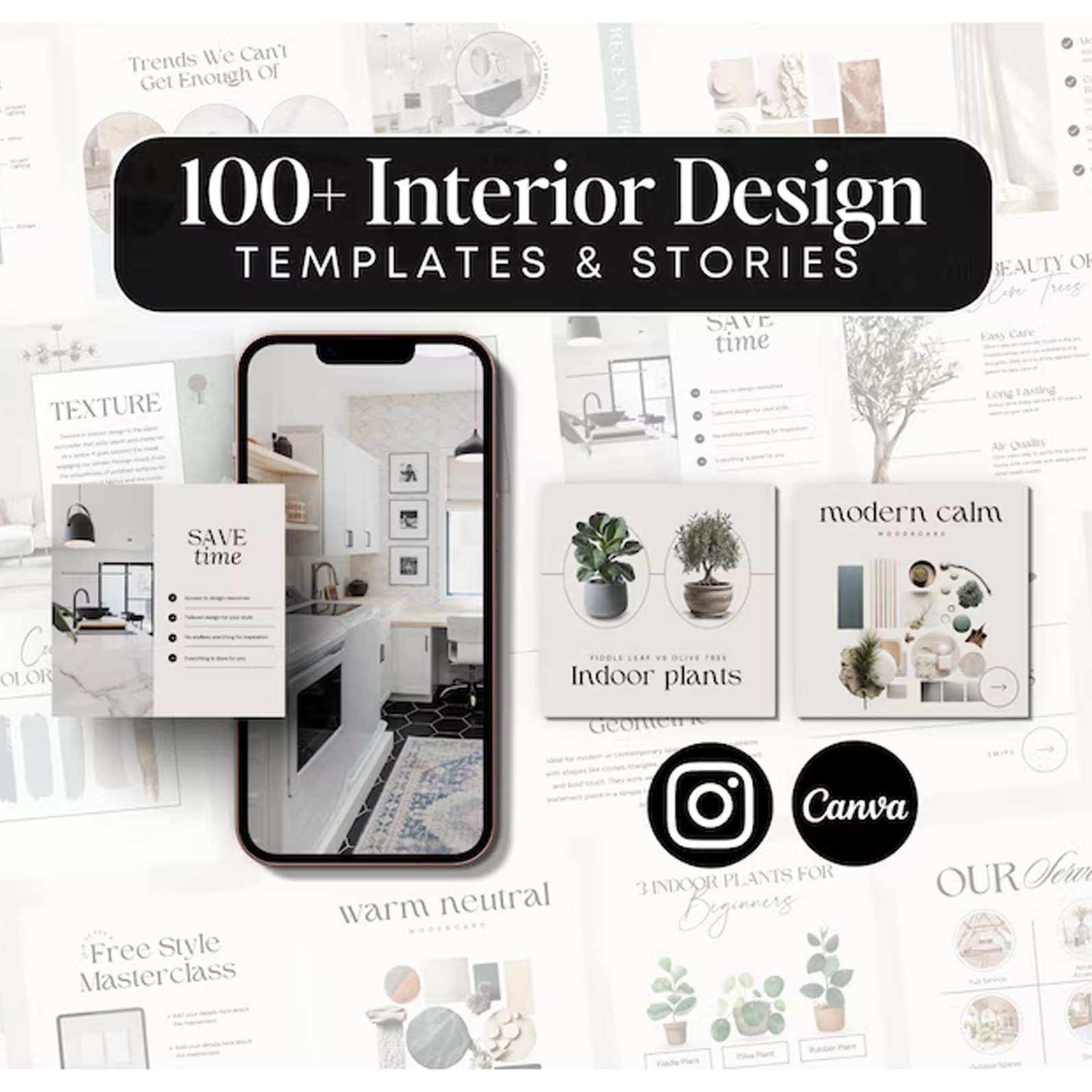 110 Interior Design Instagram Post & Story Templates | Canva Editable Social Media Content Pack for Decorators & Designers