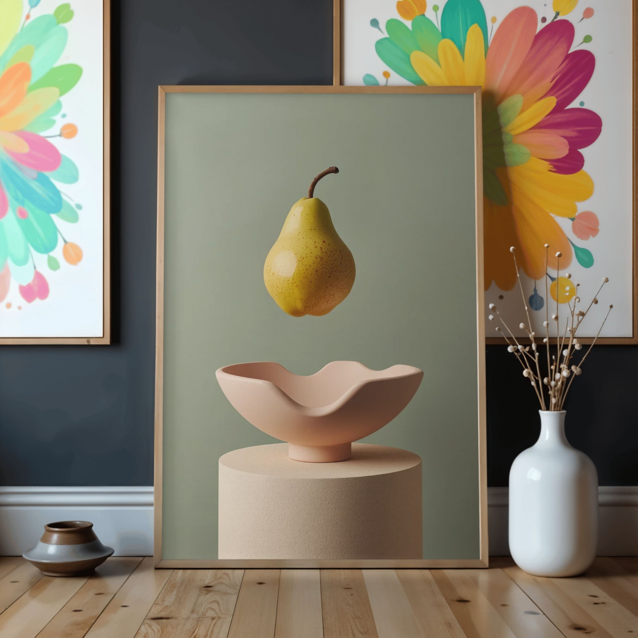Surreal Pear Wall Art, Floating Pear Printable Print, Digital Download Modern Still Life, Sage Green Kitchen Decor, Pastel Bowl Poster