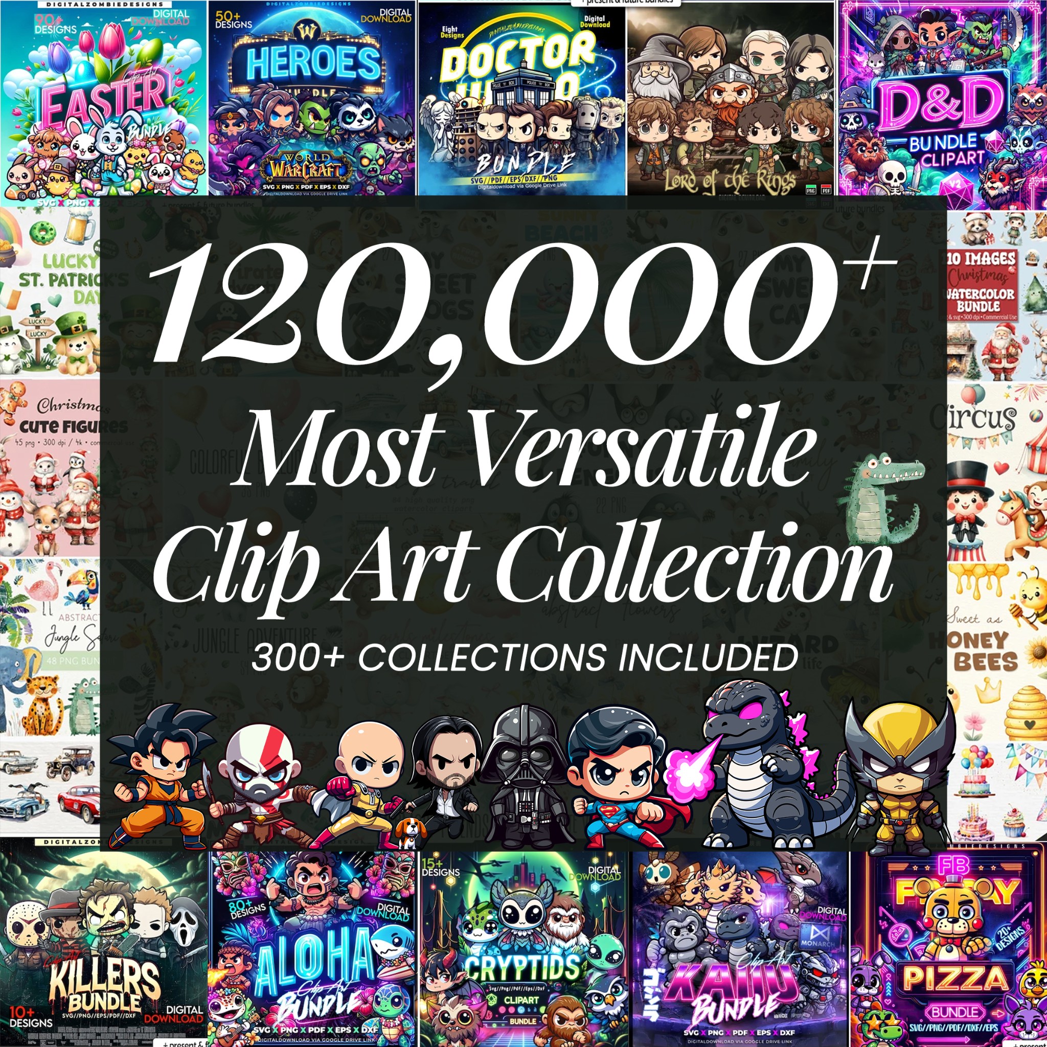 120,000+ Clip Art Mega Bundle | 300+ Collections SVG, PNG, EPS | Pop Culture, Holidays & Chibi Characters | Digital Download