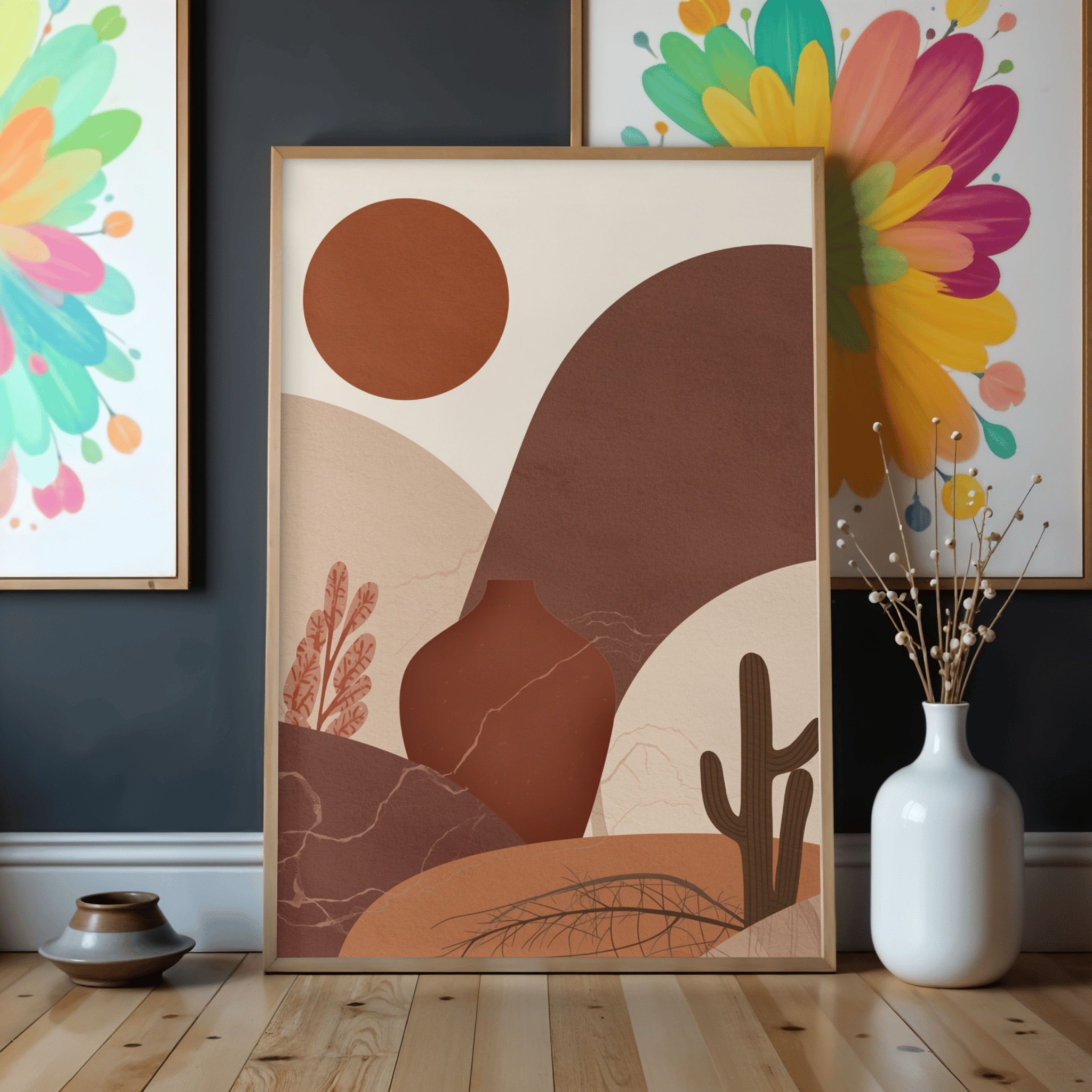 Boho Terracotta Wall Art, Printable Desert Landscape Print, Digital Download Cactus Poster, Modern Abstract Sun Art, Earthy Southwest Decor