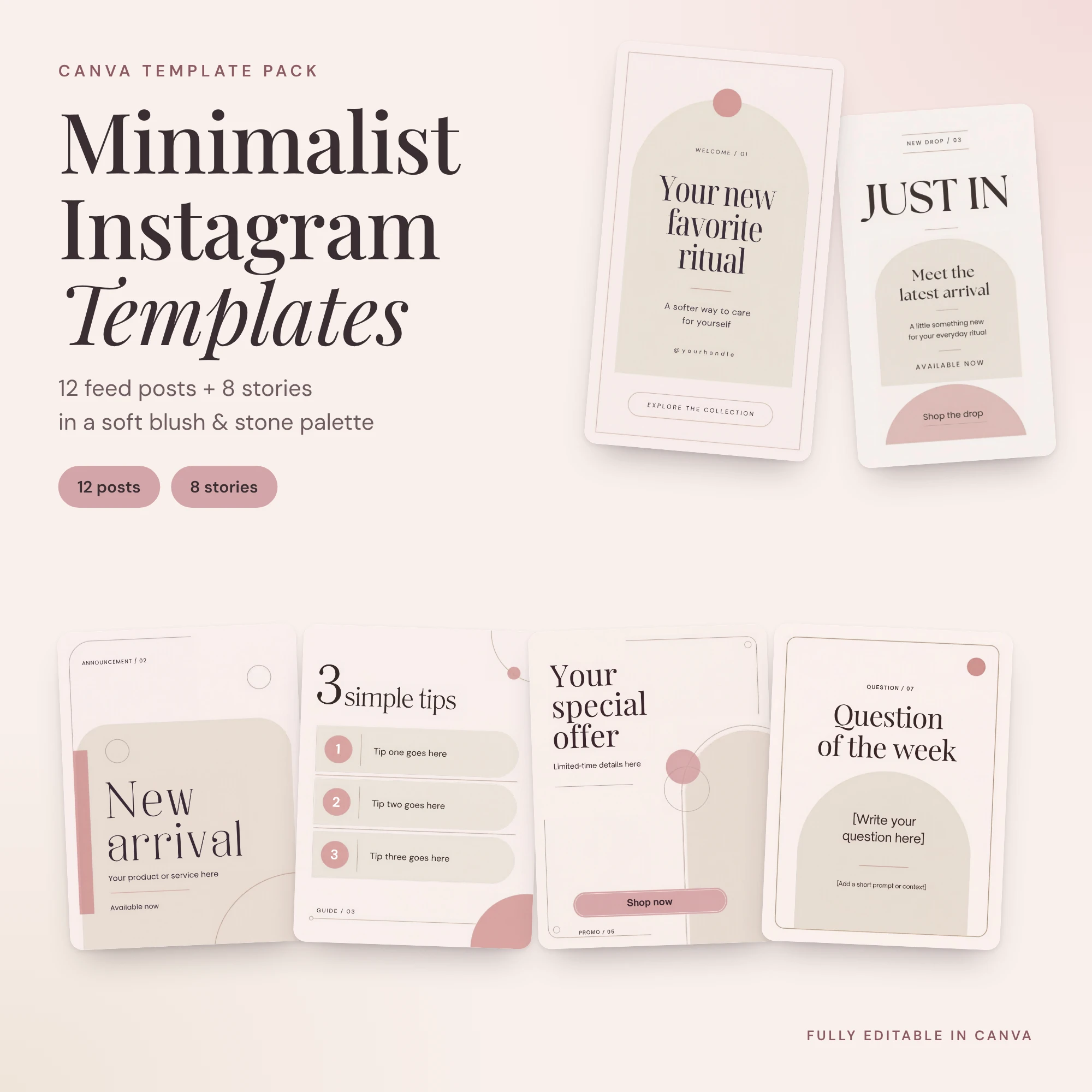 Minimalist Instagram Template Pack – 12 Post & 8 Story Canva Templates