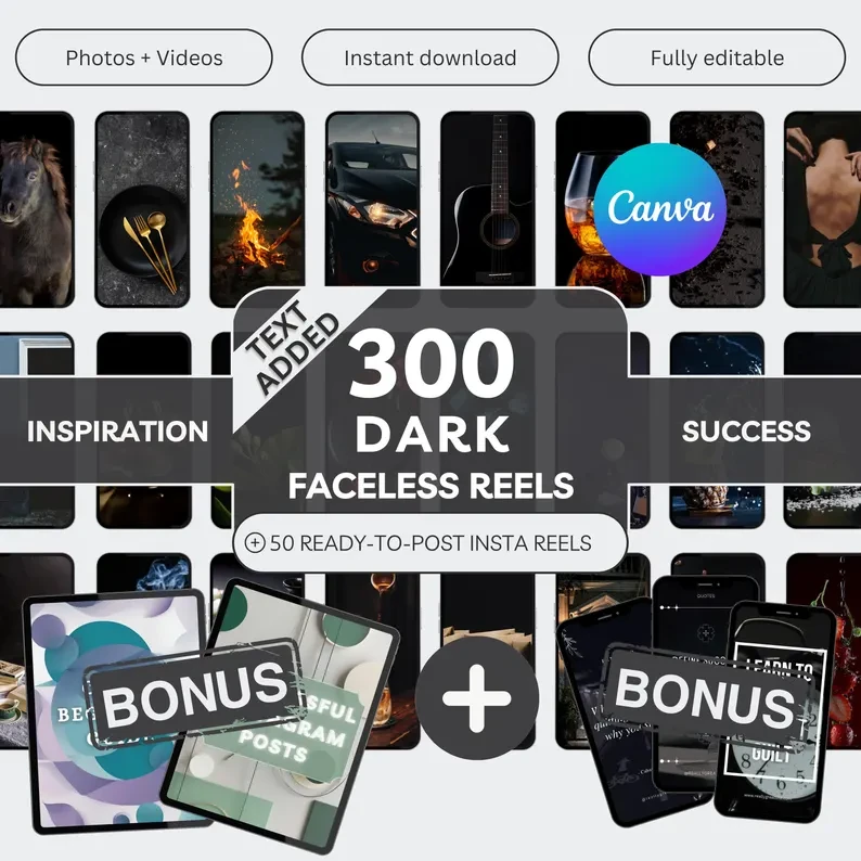 300 Dark Aesthetic Faceless Reels Bundle | Canva Editable Video & Photo Pack | Moody Dark Feminine & Masculine Social Media Content