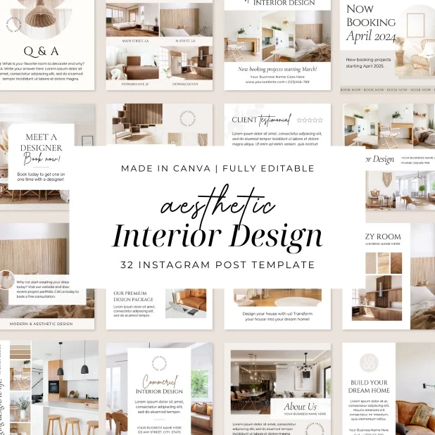 32 Aesthetic Interior Design Instagram Post Templates | Canva Editable Social Media Feed Pack for Decorators & Architects