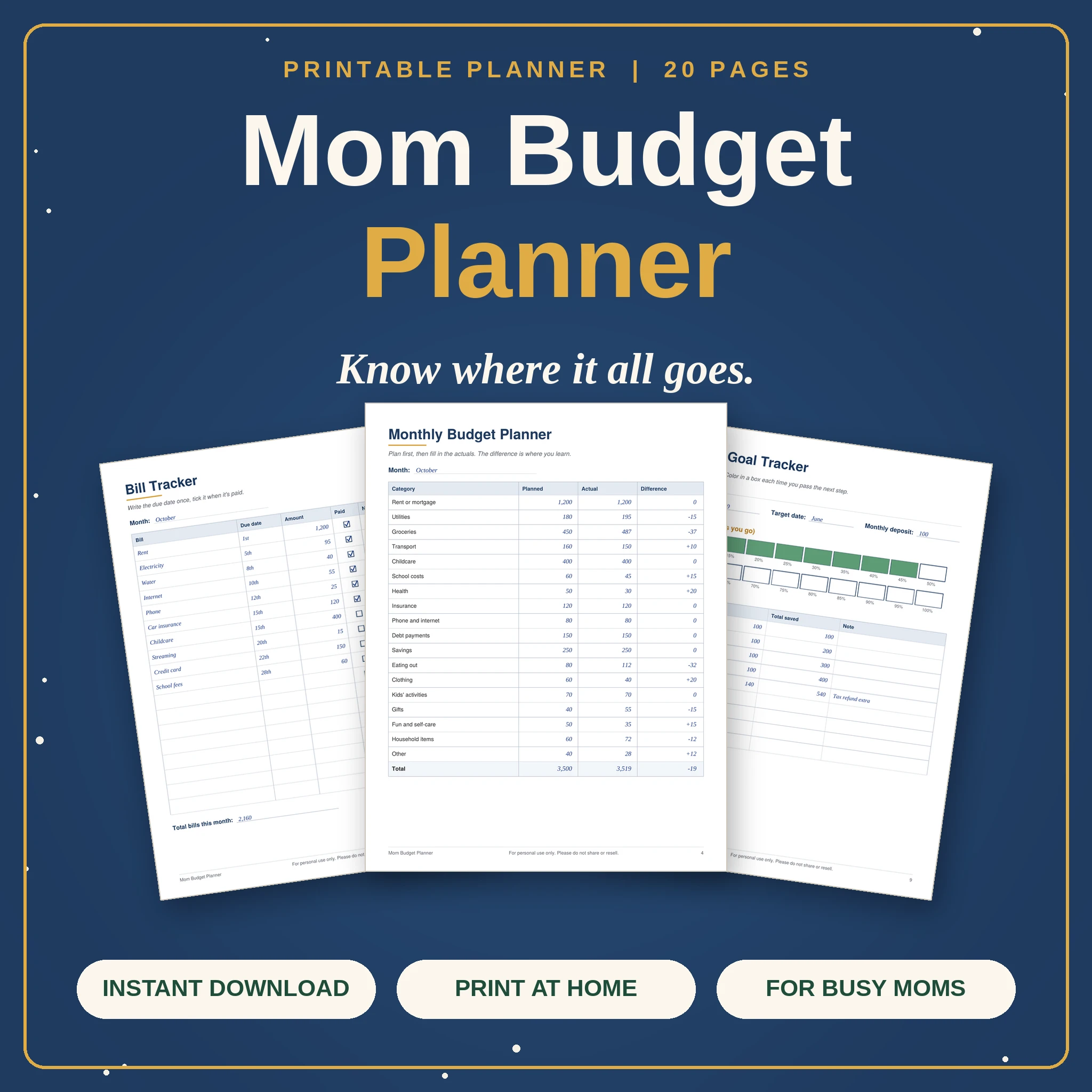 Mom Budget Planner | 20-Page Printable Budget, Bills & Savings Tracker for Busy Moms