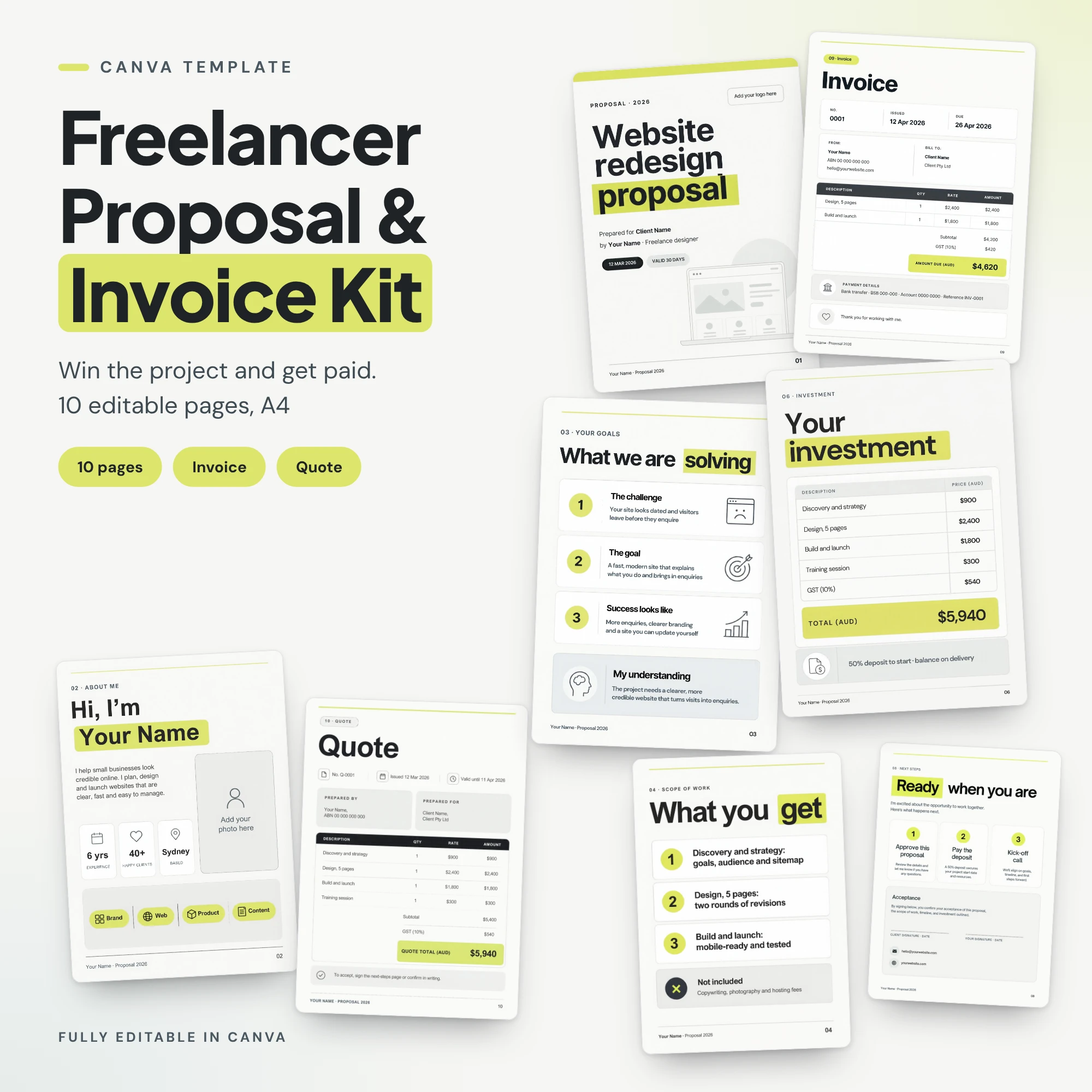 Freelancer Proposal, Invoice & Quote Kit – 10-Page Canva Template