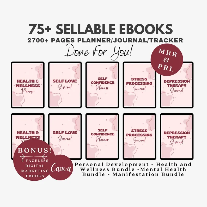 75+ Sellable Ebooks & Planners MRR PLR Bundle | 2700+ Pages Canva Editable Journals | Wellness, Mental Health, Manifestation