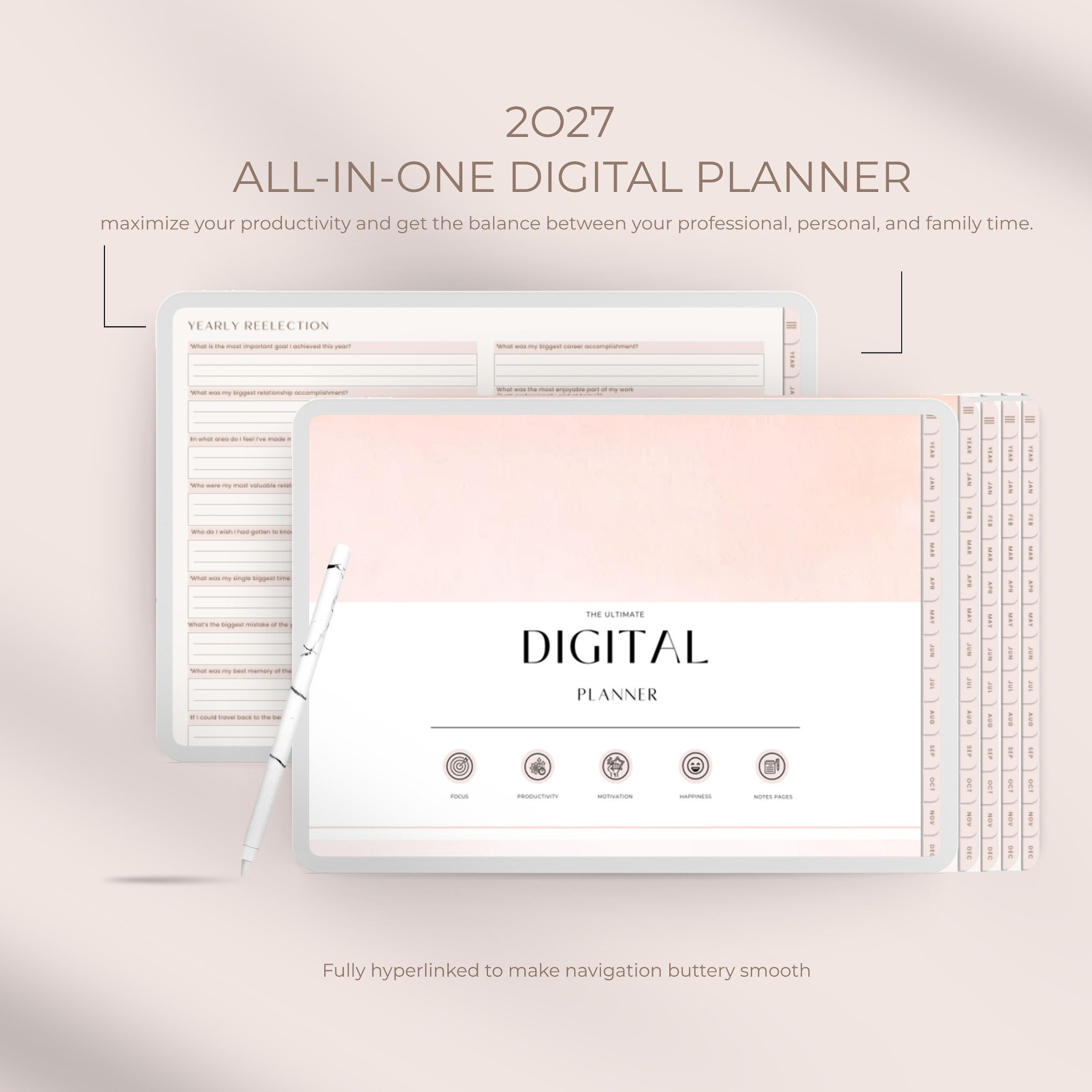2027 All-In-One Digital Planner, GoodNotes Hyperlinked Planner PDF, Daily Weekly Monthly Yearly Goal, Fitness, Finance & Lifestyle Organizer
