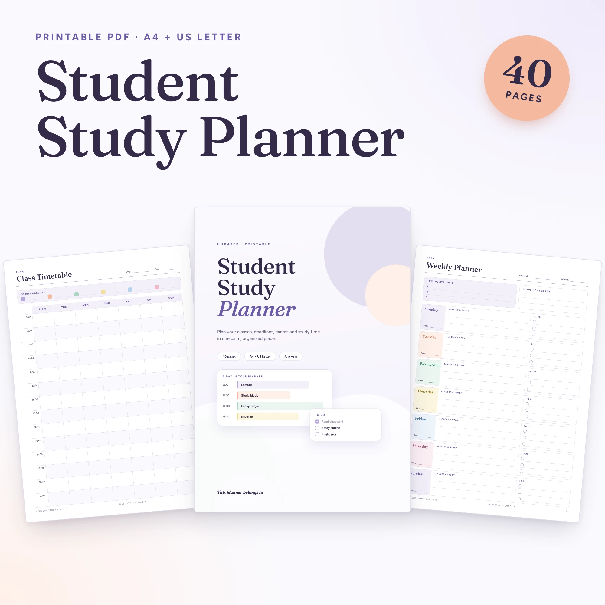 Student Study Planner – 40-Page Printable PDF (A4 & US Letter)