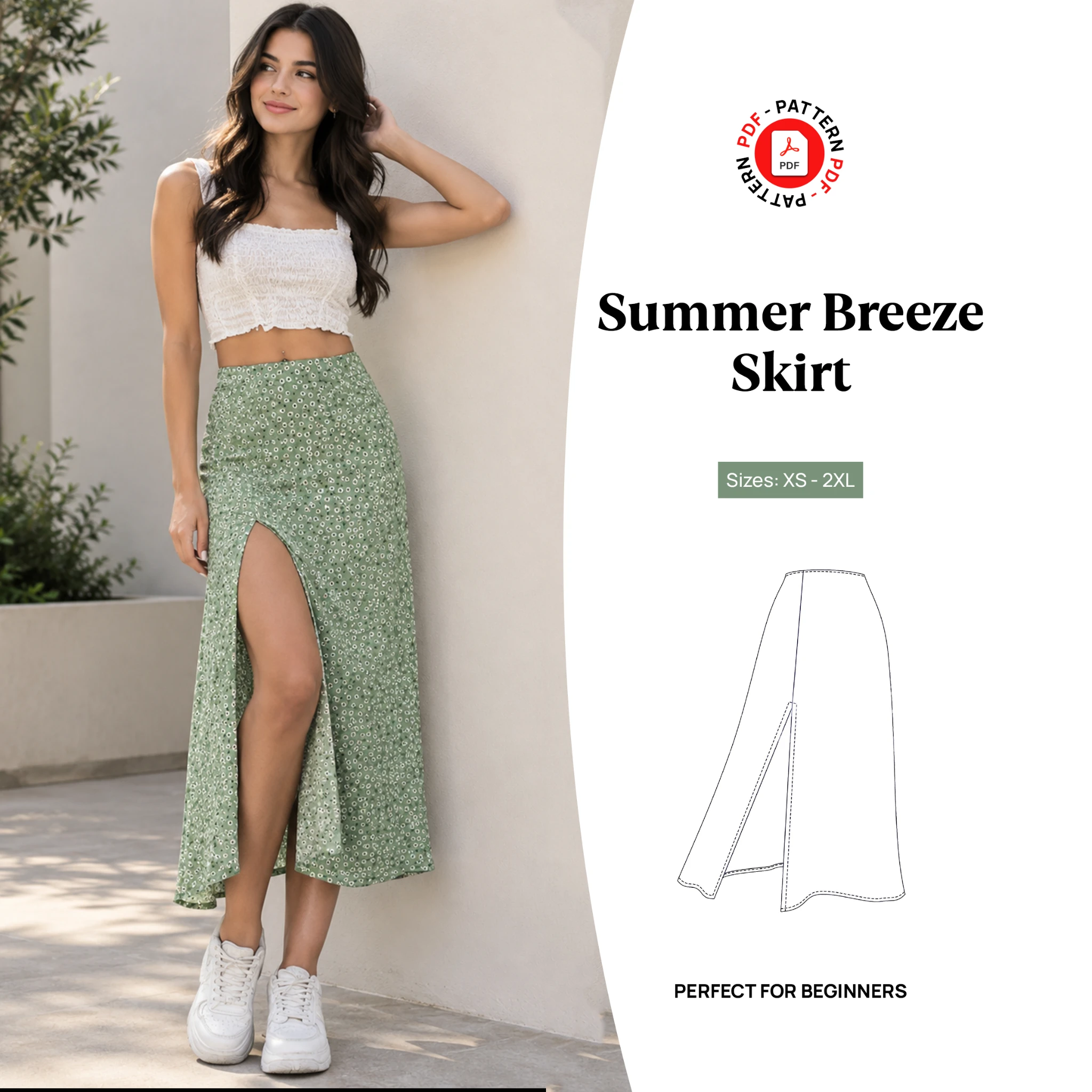 Summer Breeze Skirt Sewing Pattern PDF | High Side Split Midi Skirt Digital Pattern | Beginner Friendly Sizes XS-3XL