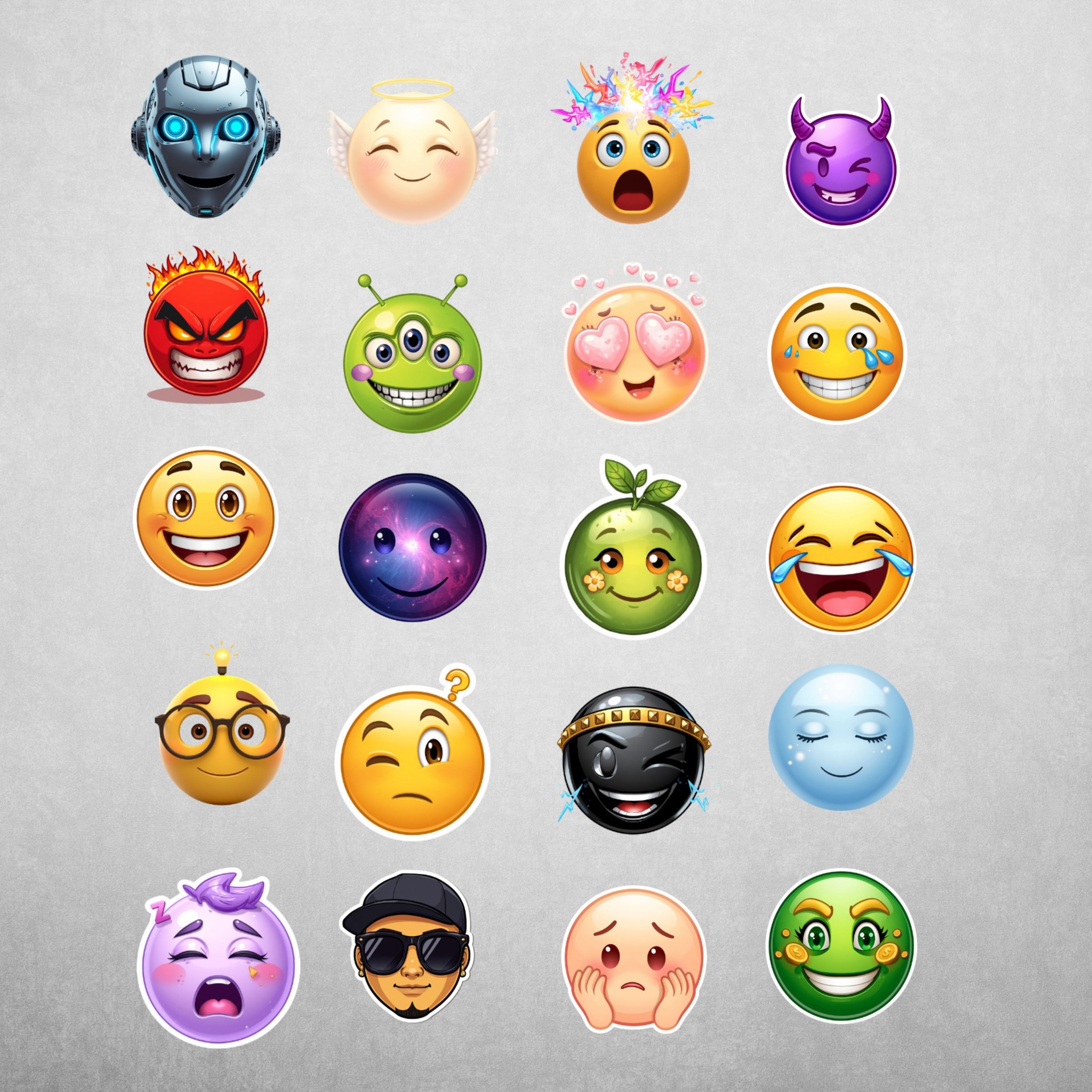 20 Emoji PNG Graphics Bundle, Cute Expressive Avatar Clipart, Cool Sunglasses Devil Angel Alien Robot Stickers, Sublimation Vector Art20 Emoji PNG Gra