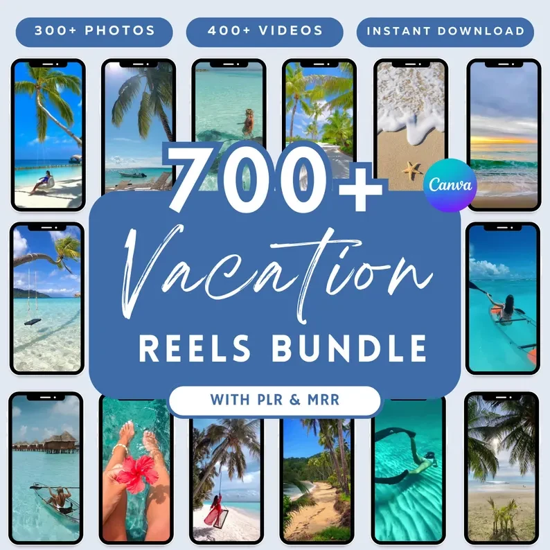 700+ Vacation Reels Bundle | PLR & MRR Master Resale Rights | 400+ Beach Videos & 300+ Photos Canva Editable