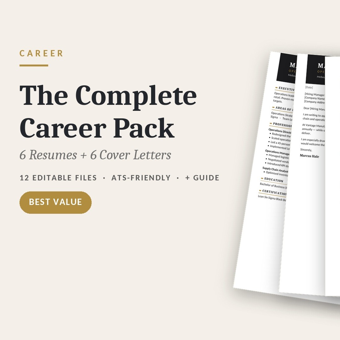 The Complete Career Pack — 6 Resumes + 6 Matching Cover Letters | Editable Word Templates
