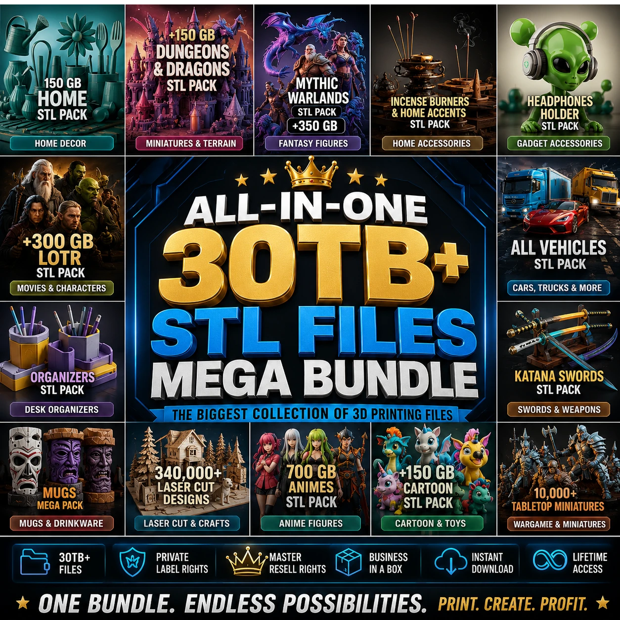 All-In-One 30TB+ STL Files Mega Bundle | 600,000+ 3D Printing Models & Laser Cut Designs | PLR & MRR Commercial Rights