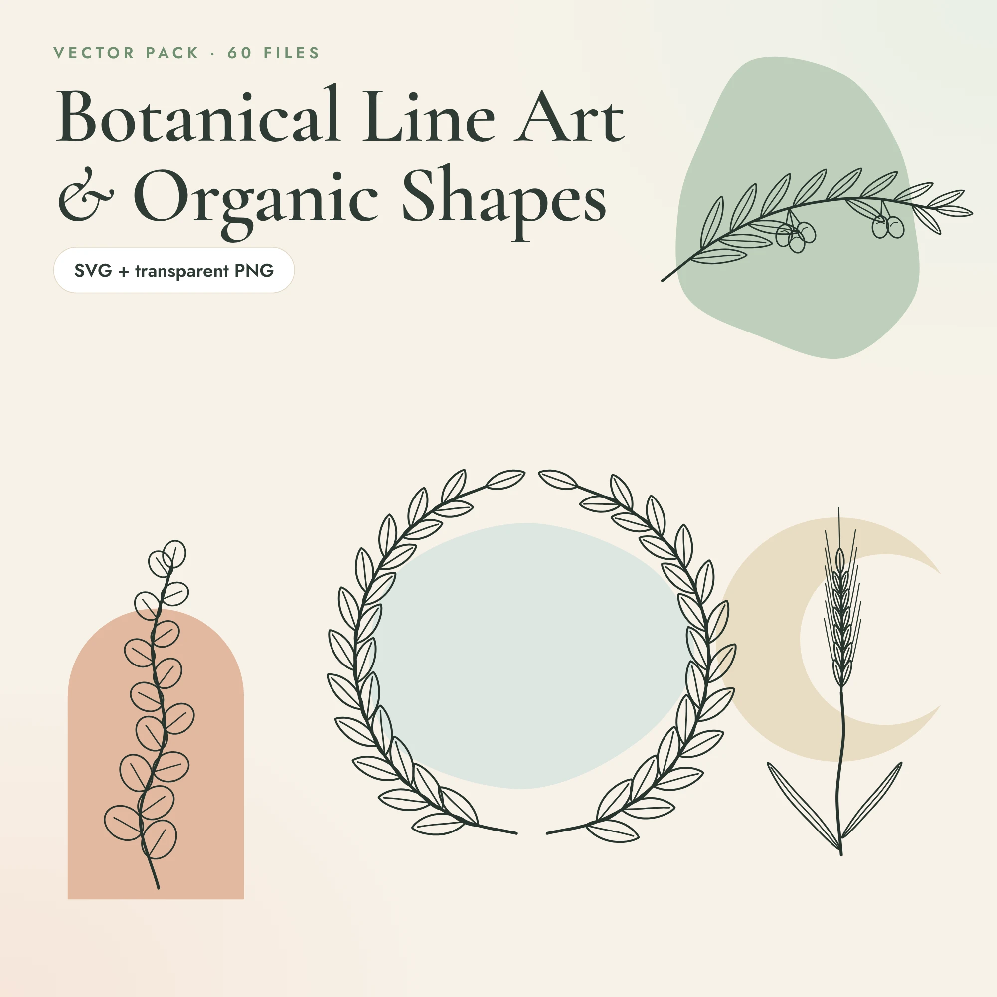 Organic Shapes & Botanical Line Art Pack – 60 Editable SVG & PNG Vectors