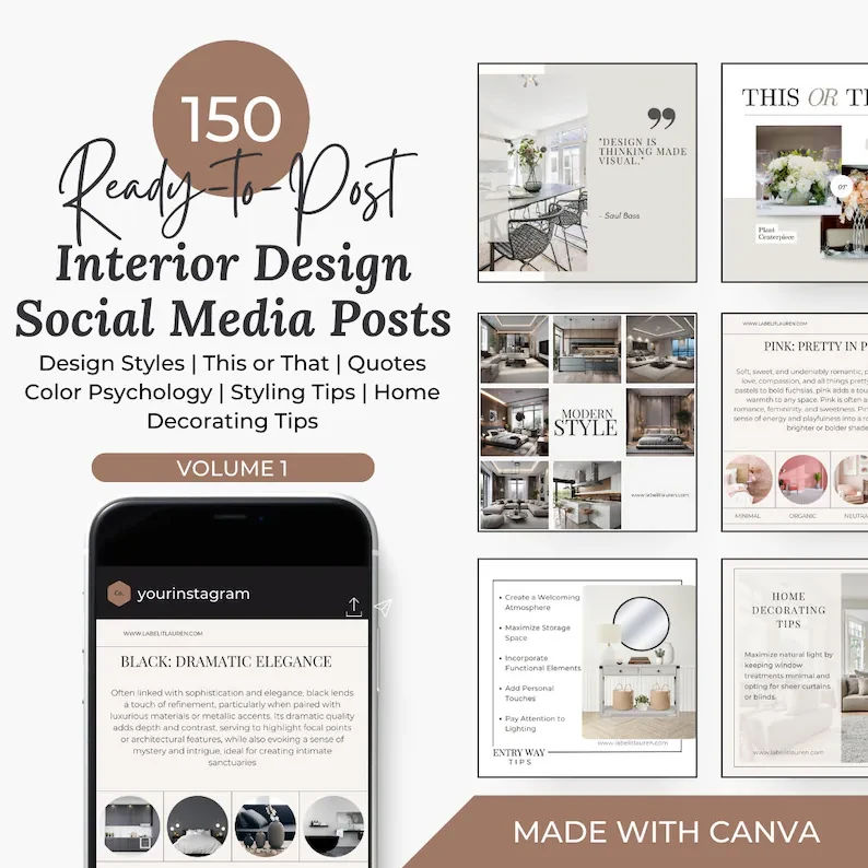 165 Ready-To-Post Interior Design Instagram Templates | Volume 1 Canva Editable Social Media Feed Pack for Home Decorators