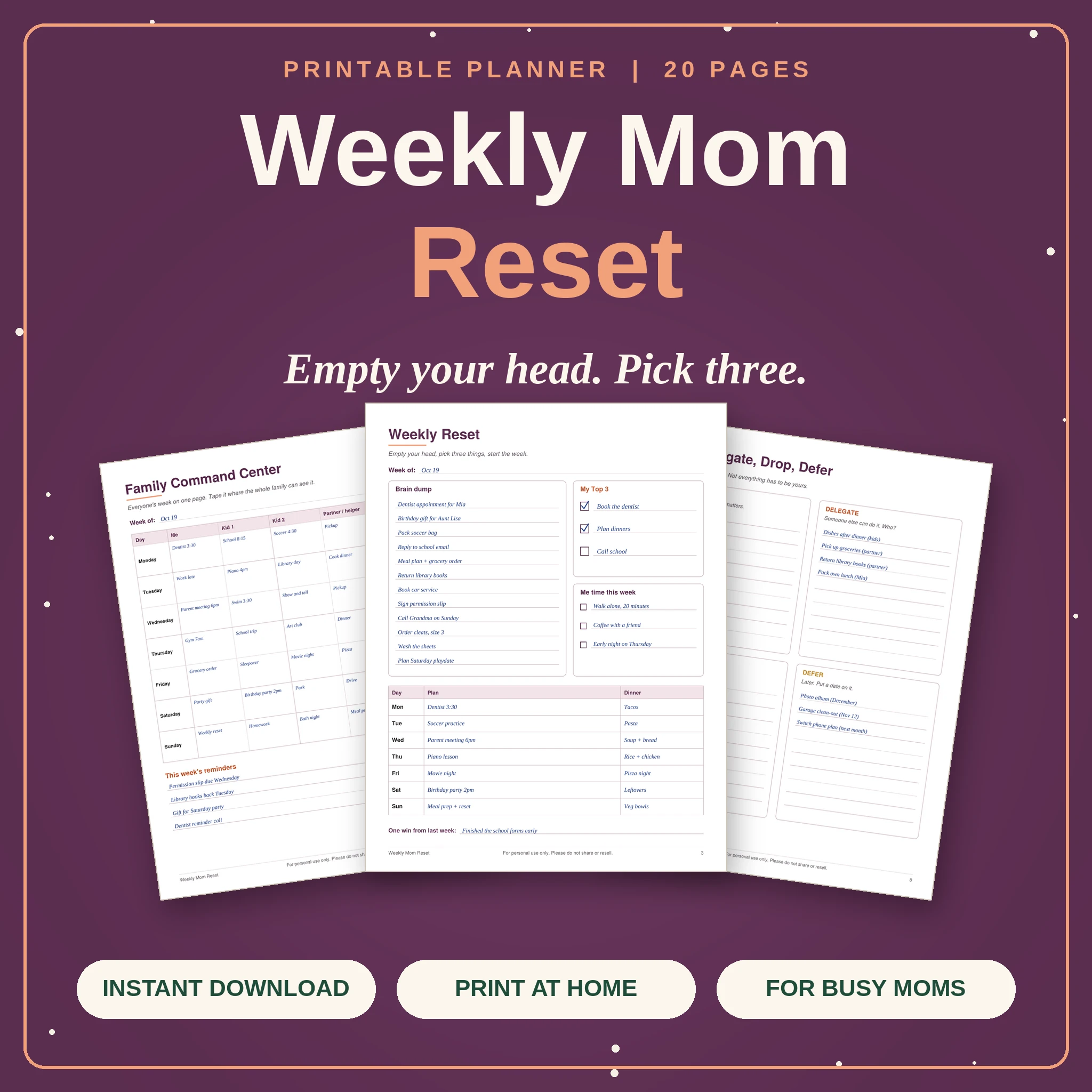 Weekly Mom Reset | 20-Page Printable Planner with Brain Dump, Top 3 & Family Schedule