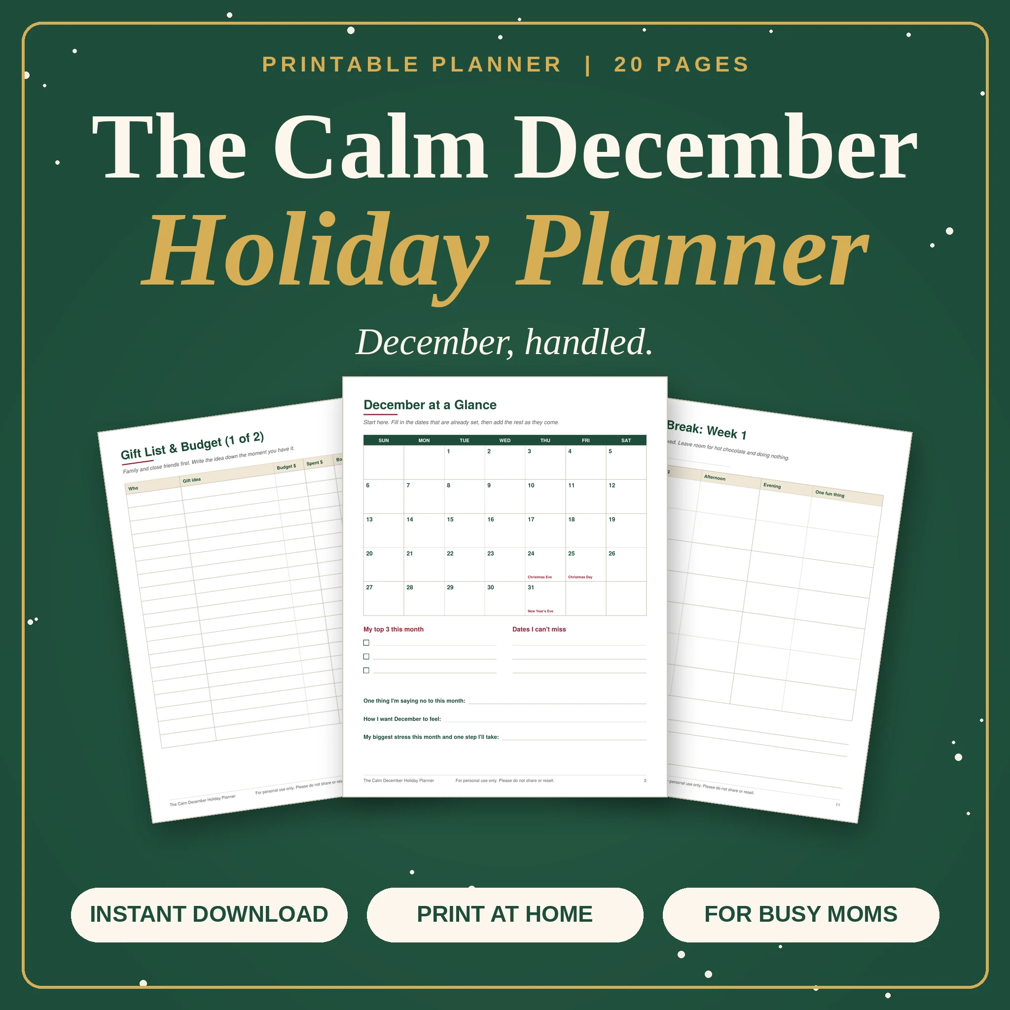 The Calm December Holiday Planner | 20-Page Printable for Busy Moms