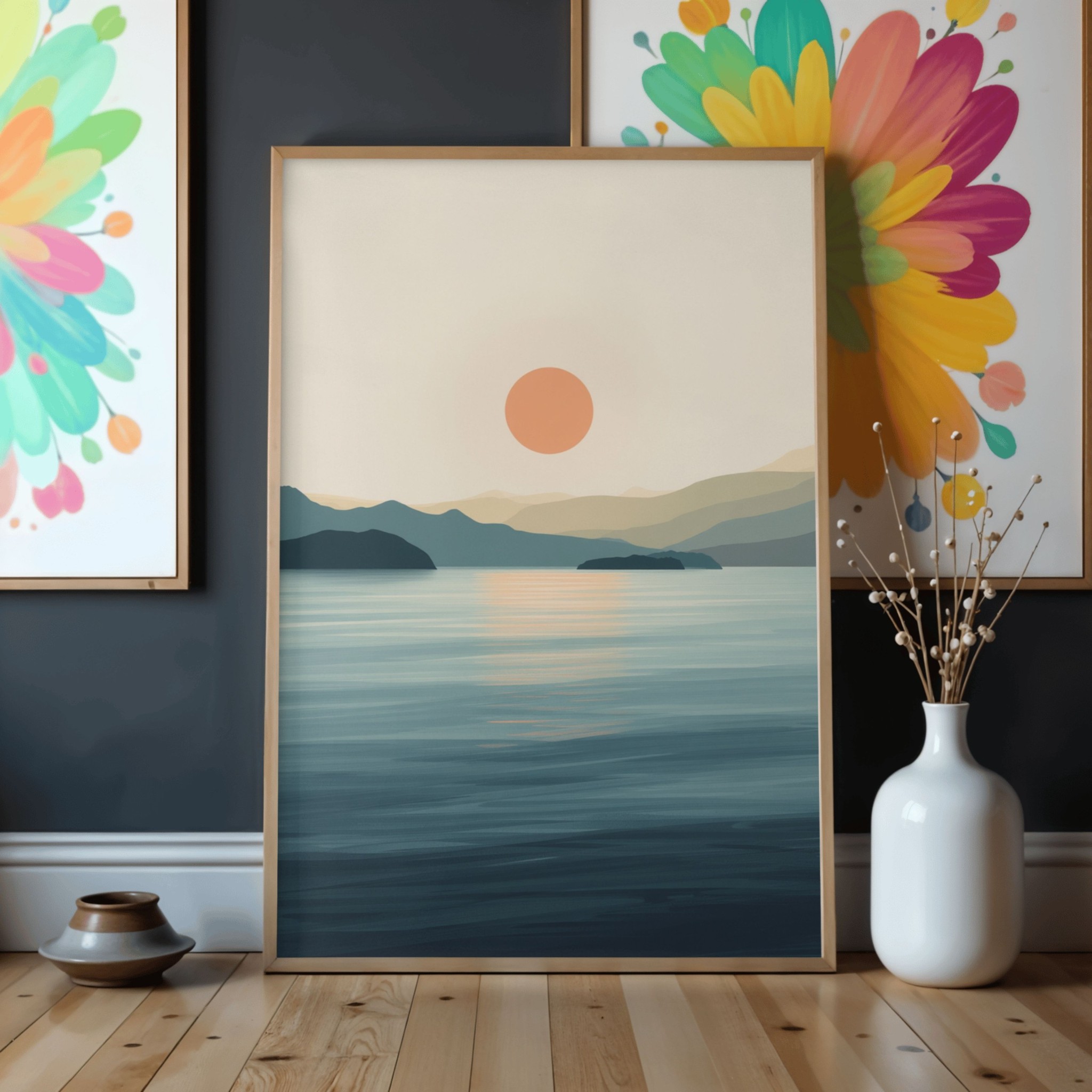 Minimalist Sun Wall Art, Printable Japanese Landscape Print, Digital Download Lake Mountain Poster, Modern Calm Sunset Decor, Earthy Boho Art