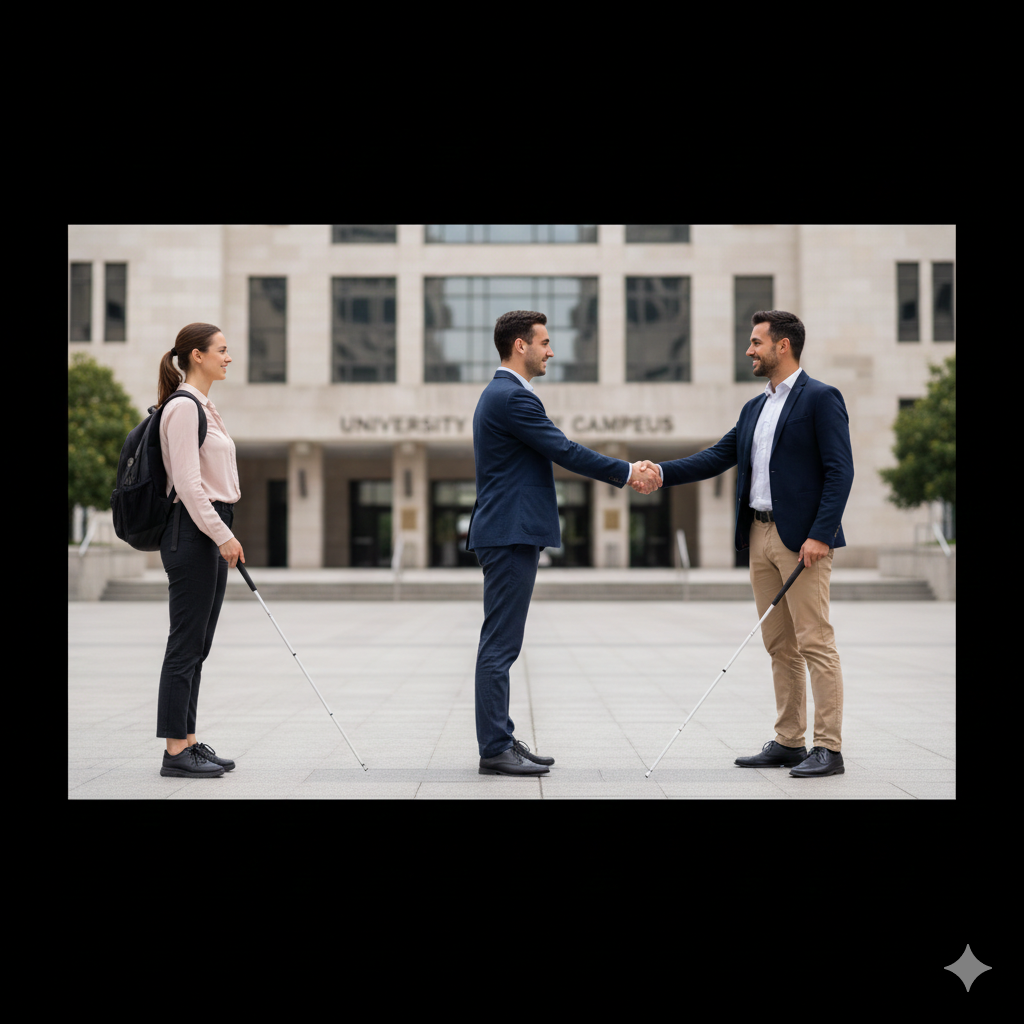 “Three people stand outside a university building as two individuals shake hands