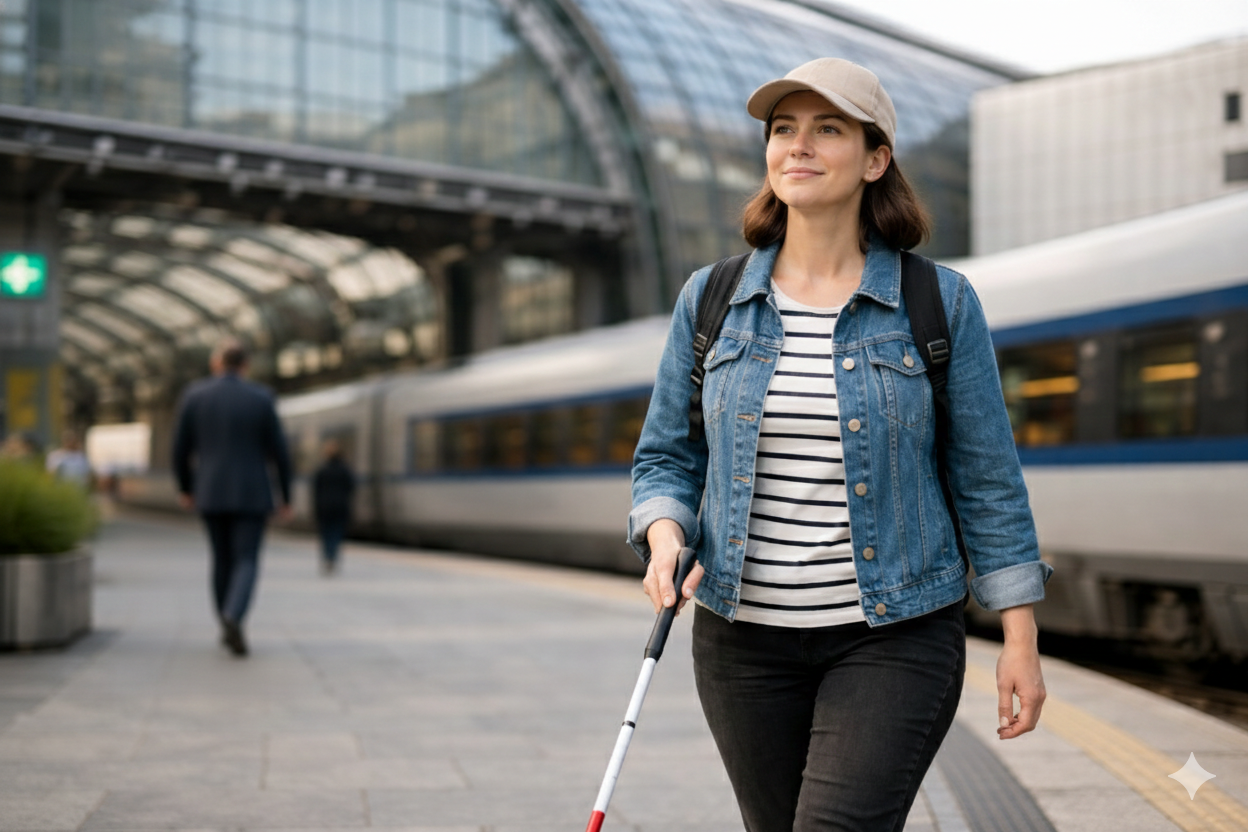 “A woman using a white cane walks confidently along a train platform.”