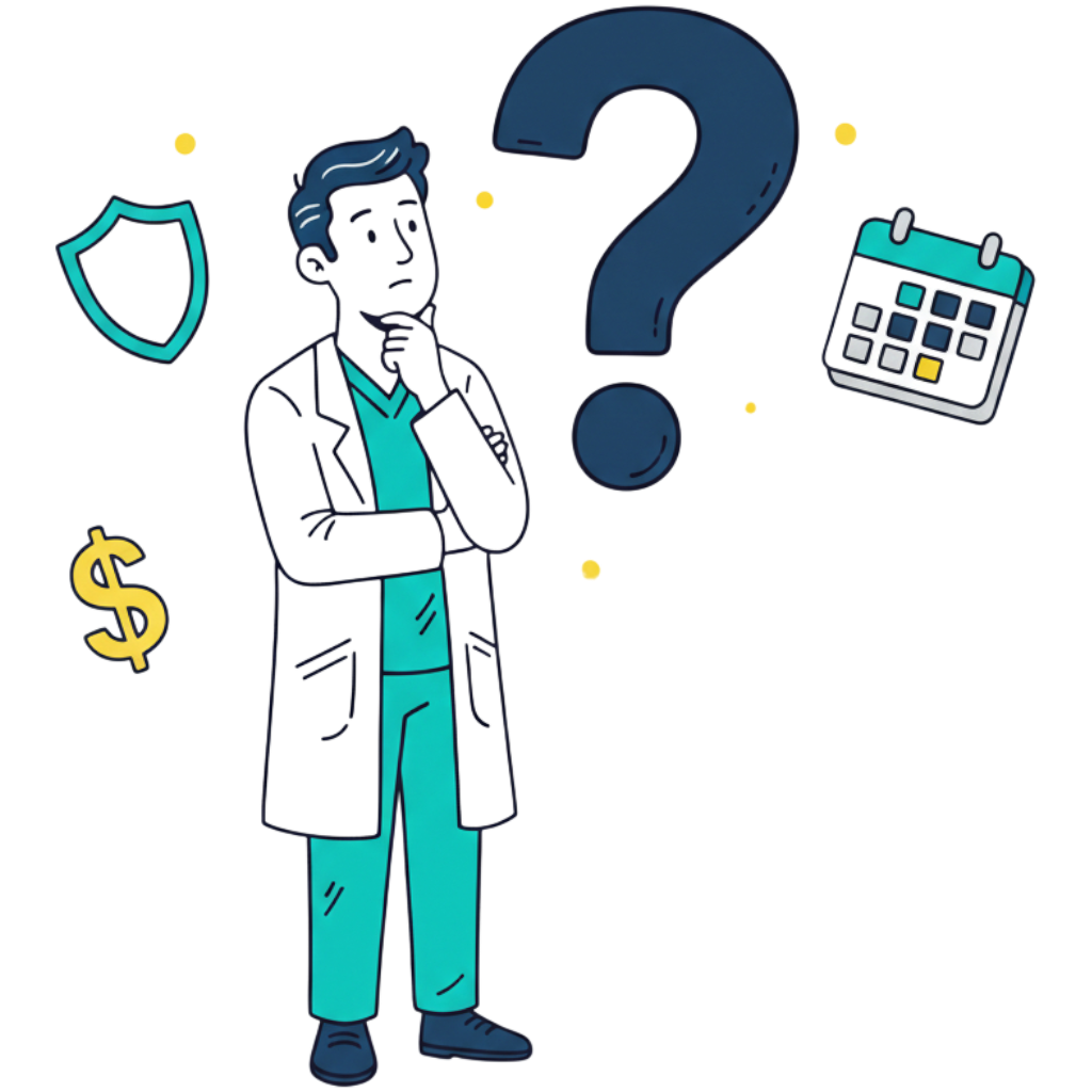 Ilustração 3D de um profissional de saúde com um ponto de interrogação, representando perguntas frequentes.