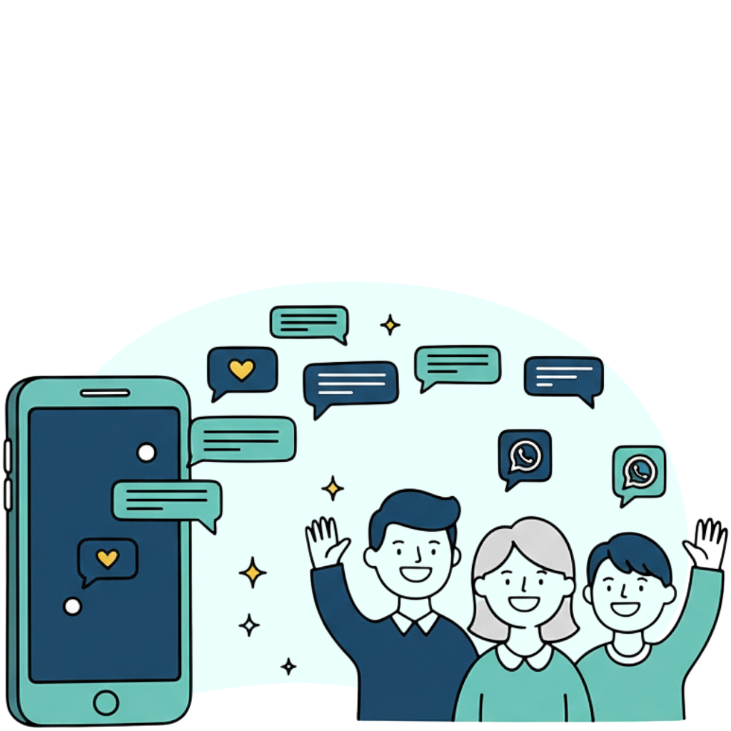 Ilustração de pessoas felizes recebendo mensagens automaticas