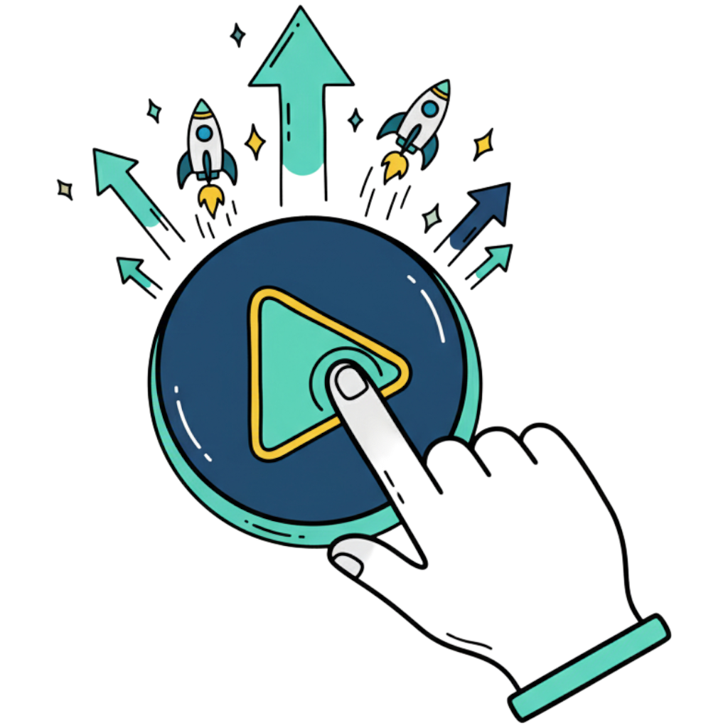 Ilustração de um botão de play sendo pressionado, simbolizando o início de uma jornada de sucesso.
