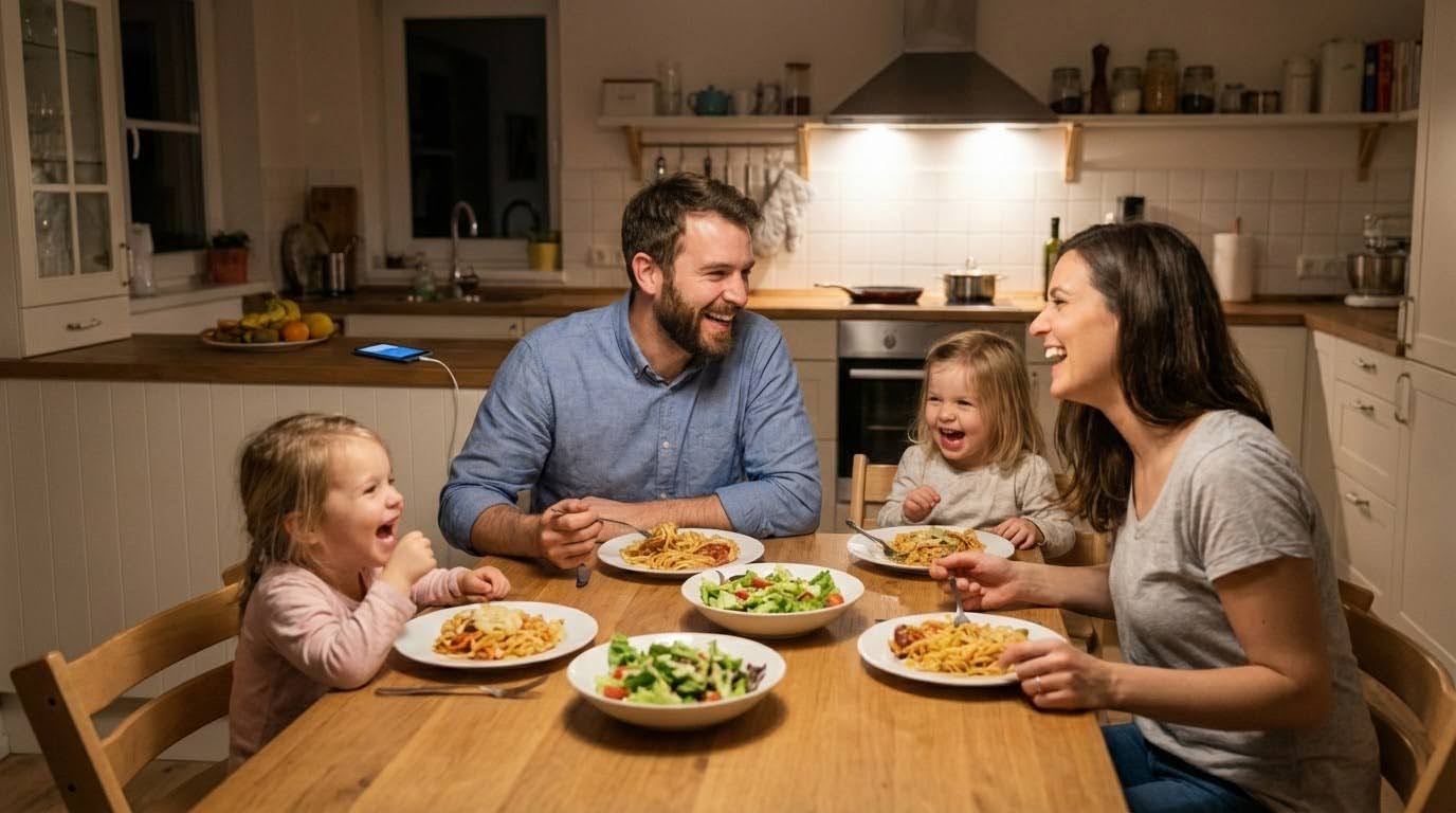 A family enjoying dinner together, representing the freedom and life outside of work that business owners can reclaim.