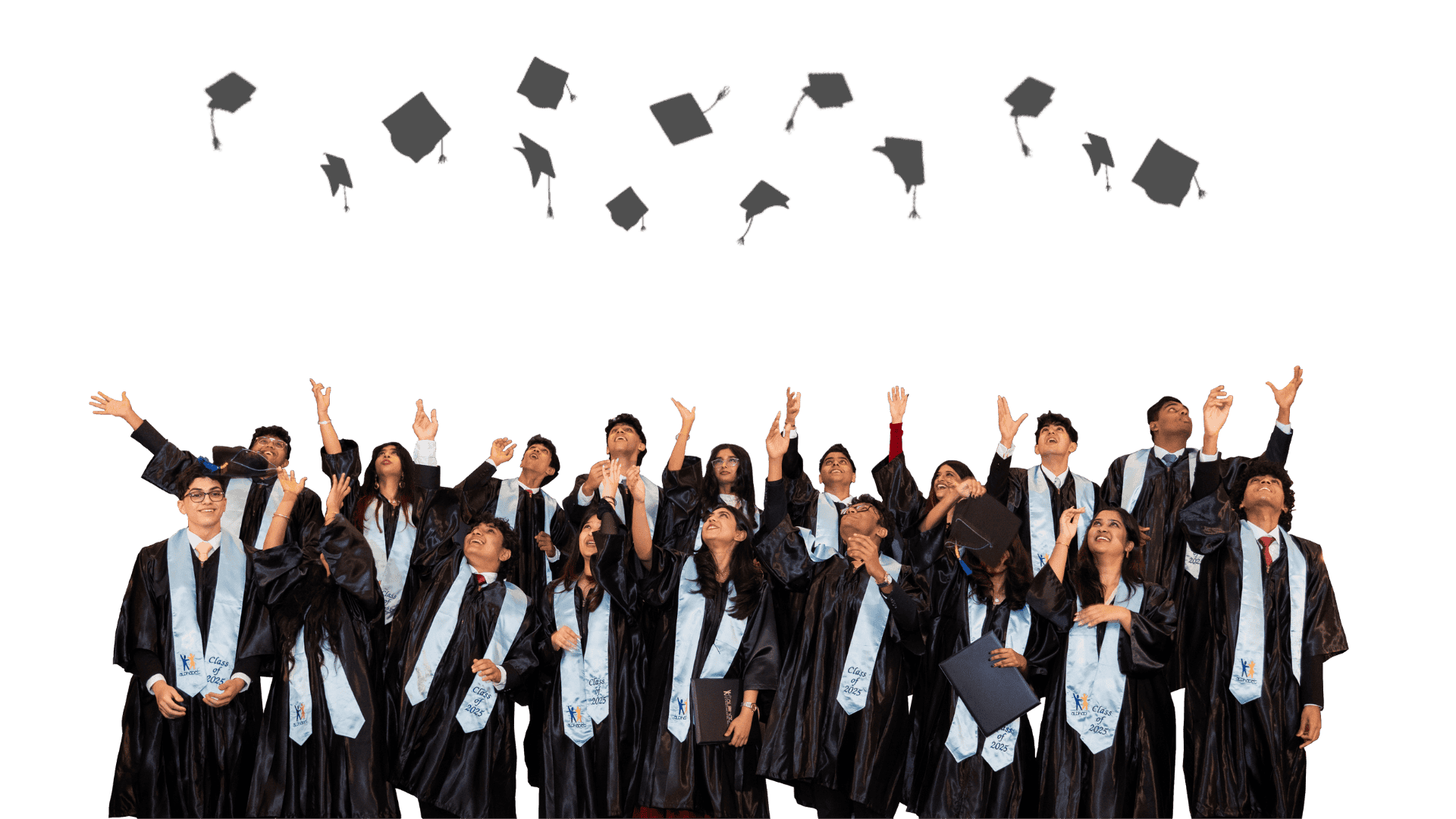 Graduating students throwing their caps in the air