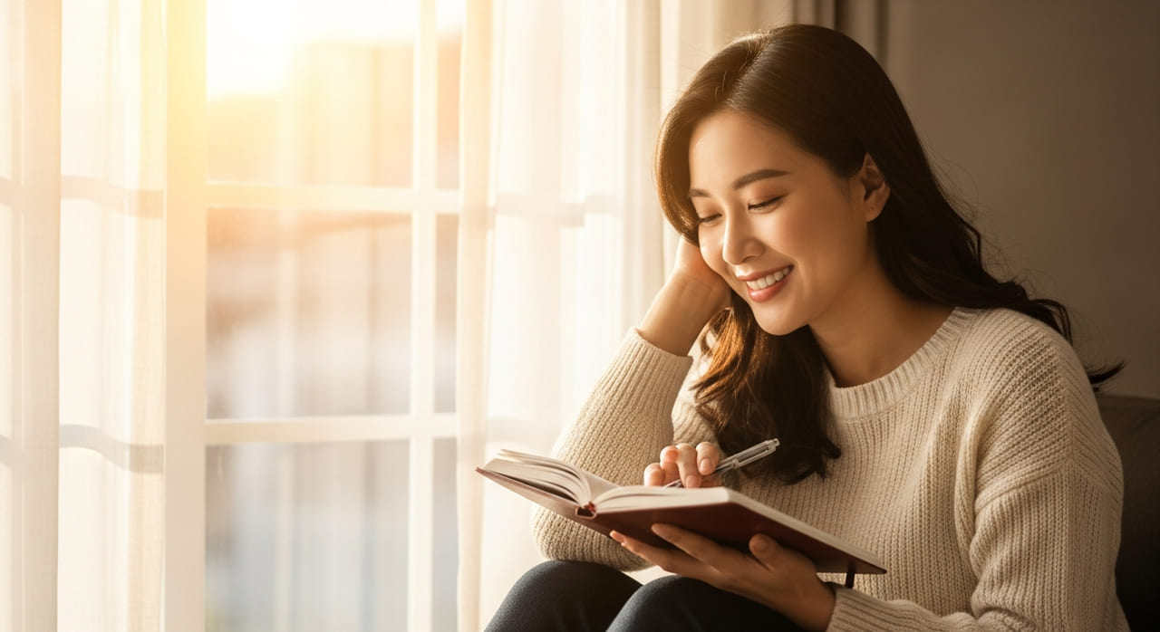 A person reflecting by a window, preparing for a productive coach session with a journal in golden light.