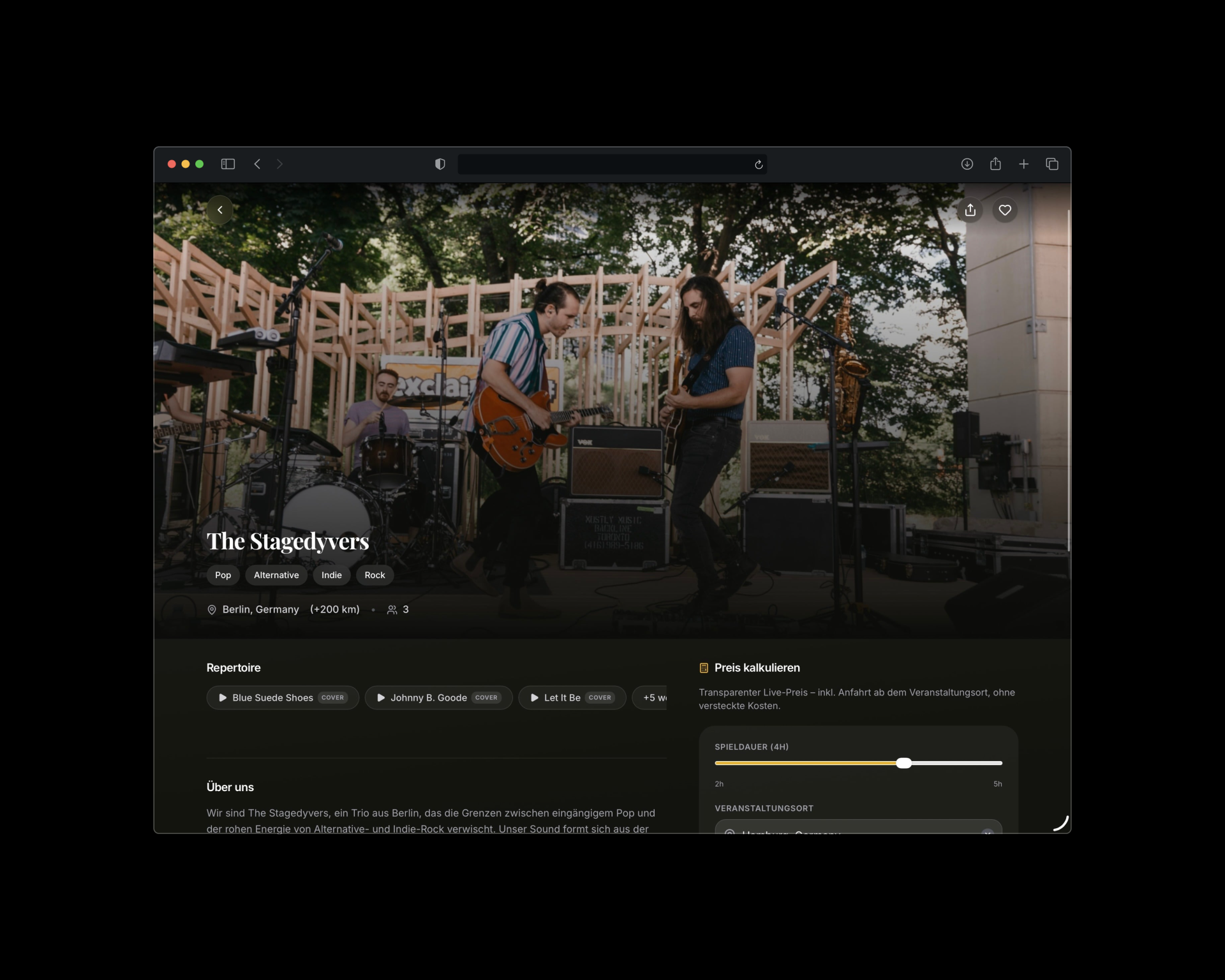 The public band page for The Stagedyvers in a browser