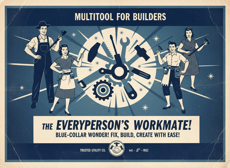 Abstract geometric shapes representing tools and a hub.