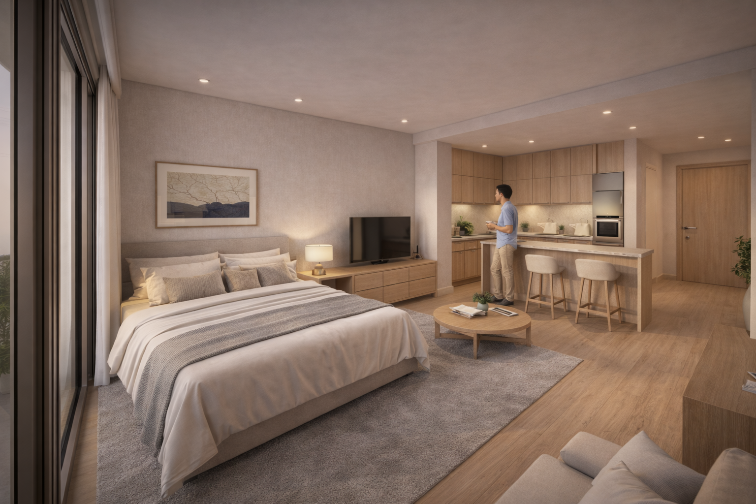 Modern studio apartment living area.