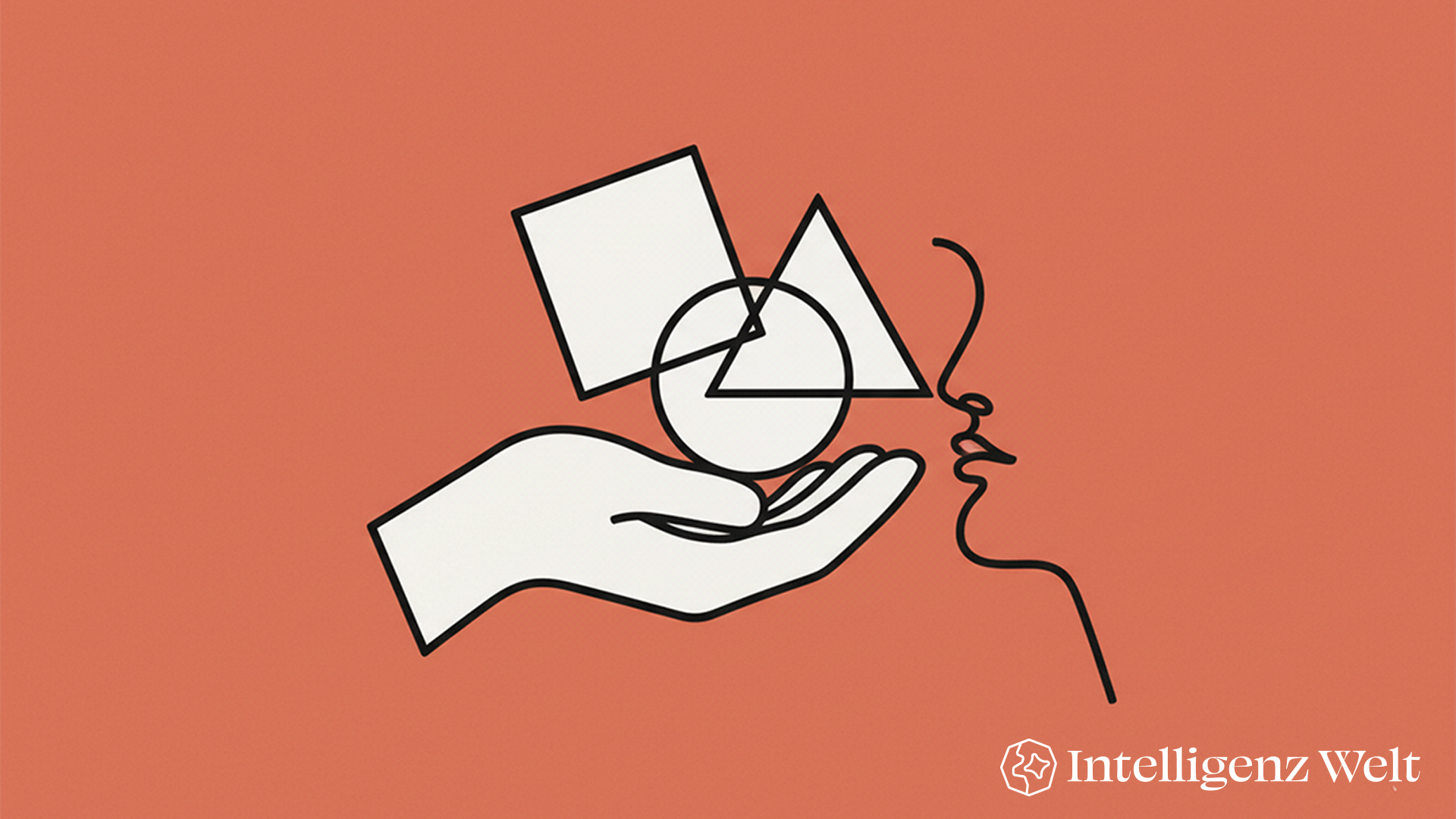 Ein abstraktes, minimalistisches Design auf einem warmen Rot-Orange-Hintergrund, mit stilisierten weißen und schwarzen Formen, die komplexes Denken und Konnektivität symbolisieren.