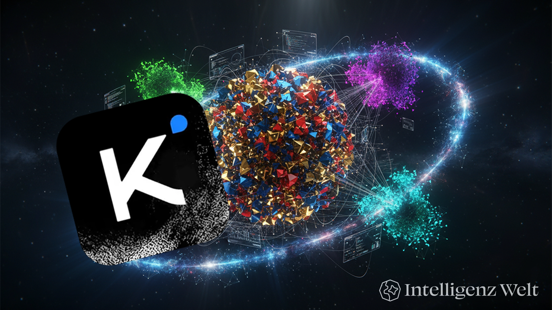 Eine abstrakte, futuristische 3D-Visualisierung vor tiefem, dunklem Hintergrund. Im Zentrum schwebt eine komplexe Kugel aus goldenen und blauen geometrischen Splittern, die wie ein digitales Gehirn wirkt. Diese wird von mehreren kleineren, leuchtenden Partikel-Wolken in Violett, Türkis und Grün umkreist, die autonome KI-Agenten symbolisieren. Feine, glühende Netzwerkkabel und Lichtbahnen verbinden die äußeren Schwärme dynamisch mit dem Kern, was einen intensiven Datenaustausch und kollektives Denken darstellt. Der Stil ist hochwertig, technologisch und ätherisch.