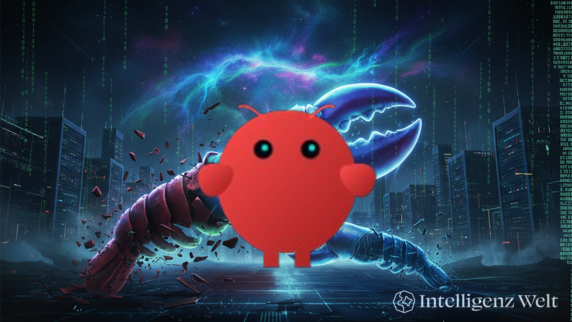 Abstrakte Illustration einer digitalen Häutung: Ein roter Hummer, der sich in der Mitte spaltet und einen schillernden blauen Hummer mit einem leuchtenden Gehirn im Inneren freilegt. Im Hintergrund ist eine futuristische, nebelverhangene Skyline bei Nacht zu sehen, durchzogen von leuchtenden binären Codezeilen und pulsierenden Neonlichtern. Der blaue Hummer steht auf zerbrochenen roten Schalenstücken, was den Übergang und die Evolution symbolisiert.