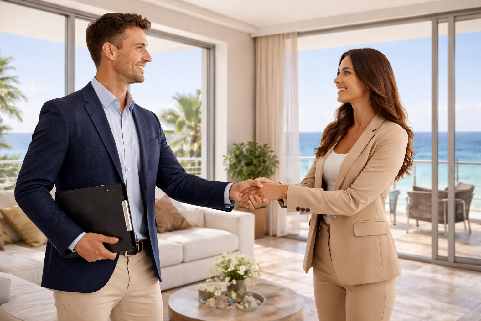 Cierre de venta inmobiliaria de lujo: un agente profesional con blazer azul marino y carpeta estrechando la mano a una cliente con traje beige en un apartamento moderno y luminoso. Grandes ventanales muestran un balcón con vistas espectaculares al mar turquesa.