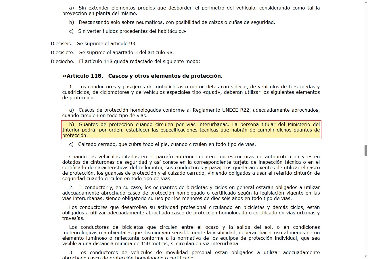 Artículo 118 del Reglamento General de Circulación en el BOE, con el apartado de los guantes resaltado